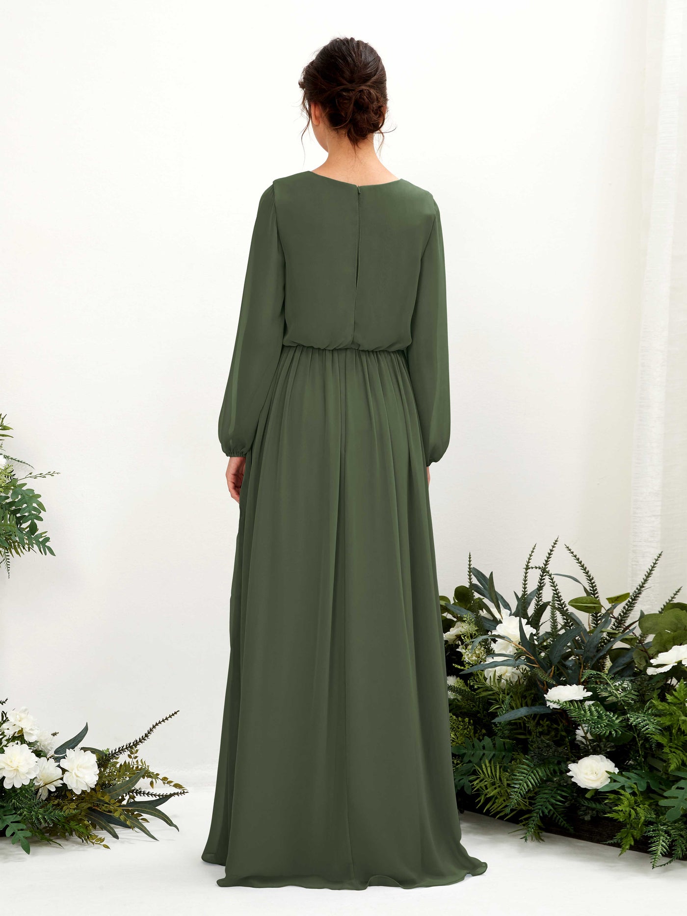 Carlyna Robe trapèze col V fente jambe manches longues longueur sol demoiselle d'honneur Olive Martini #couleur_olive-martini