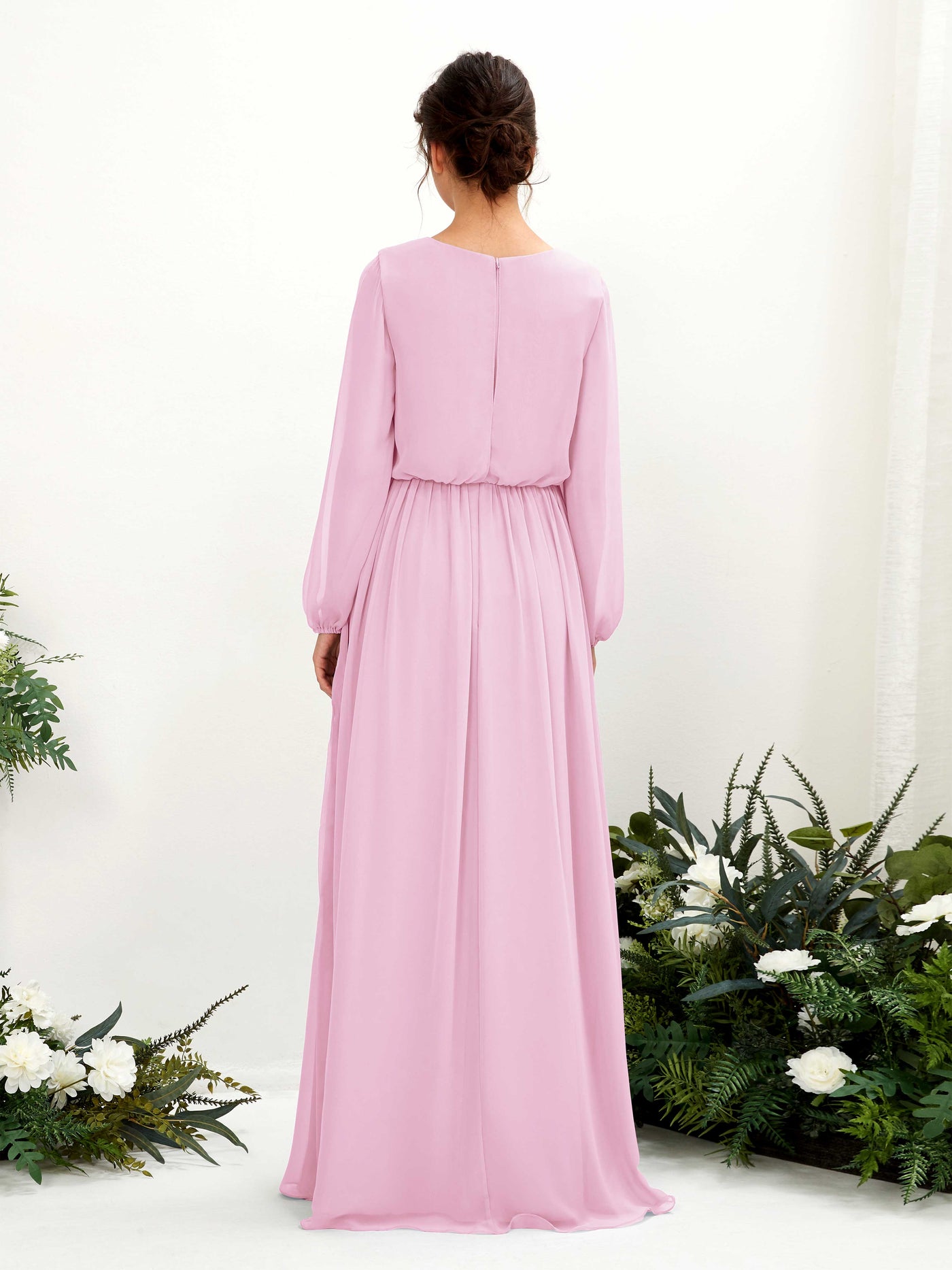 Carlyna Robe trapèze col V fente jambe manches longues longueur sol demoiselle d'honneur Rose Bonbon #couleur_rose-bonbon