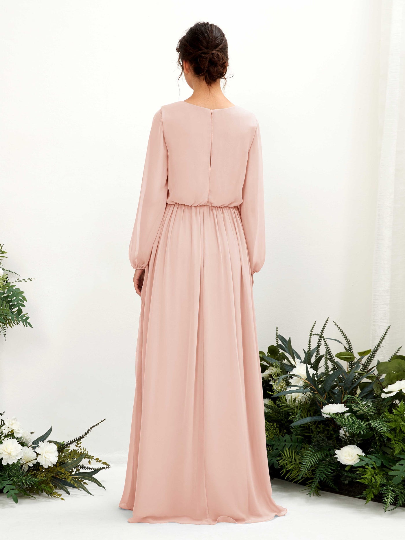Carlyna Robe trapèze col V fente jambe manches longues longueur sol demoiselle d'honneur Rose Perle #couleur_rose-perle