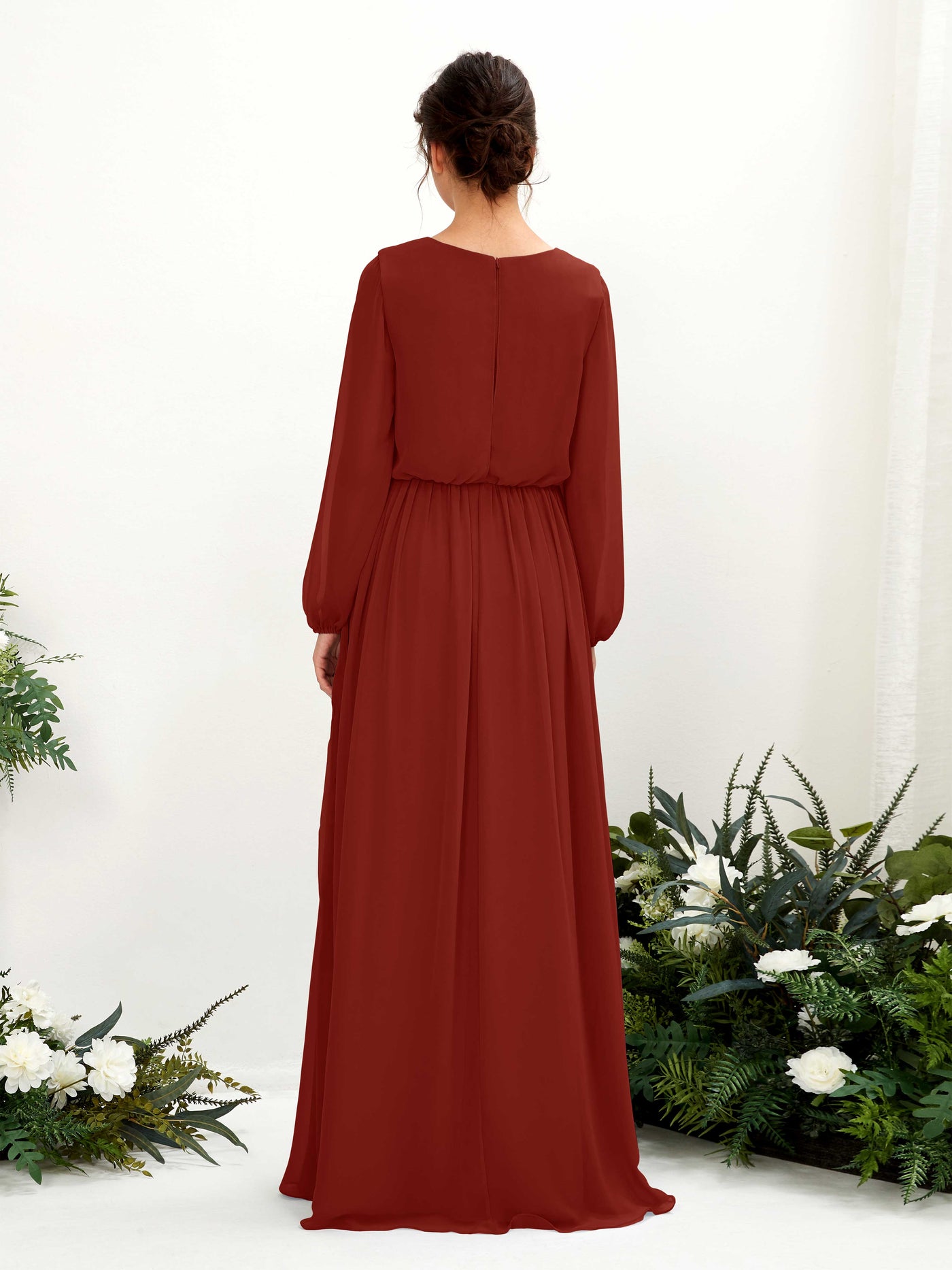 Carlyna Robe trapèze col V fente jambe manches longues longueur sol demoiselle d'honneur Rouille #couleur_rouille