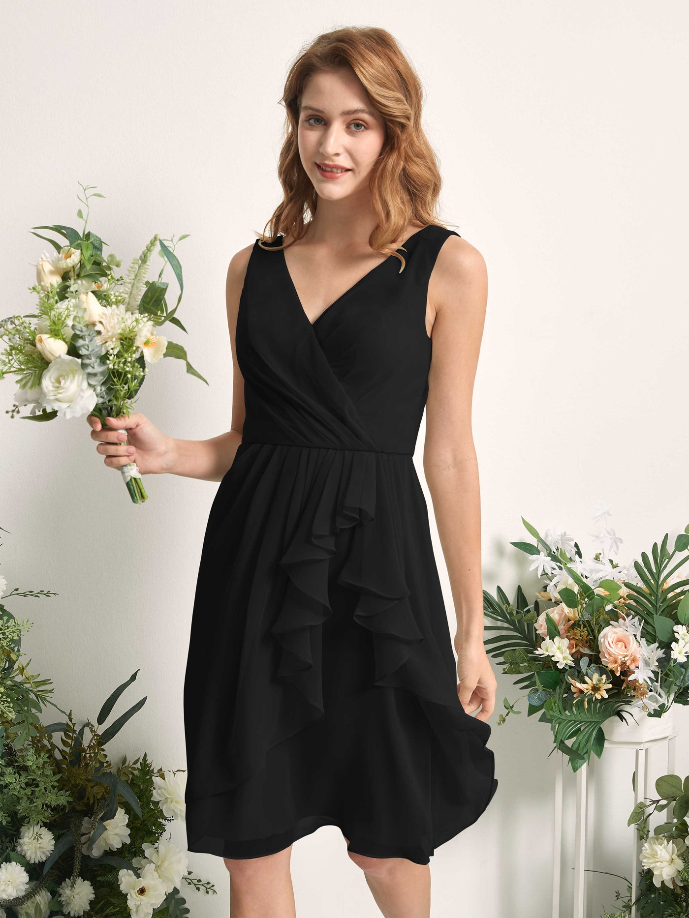 Carlyna Robe trapèze col V longueur genou mousseline demoiselle d'honneur Noir #couleur_noir