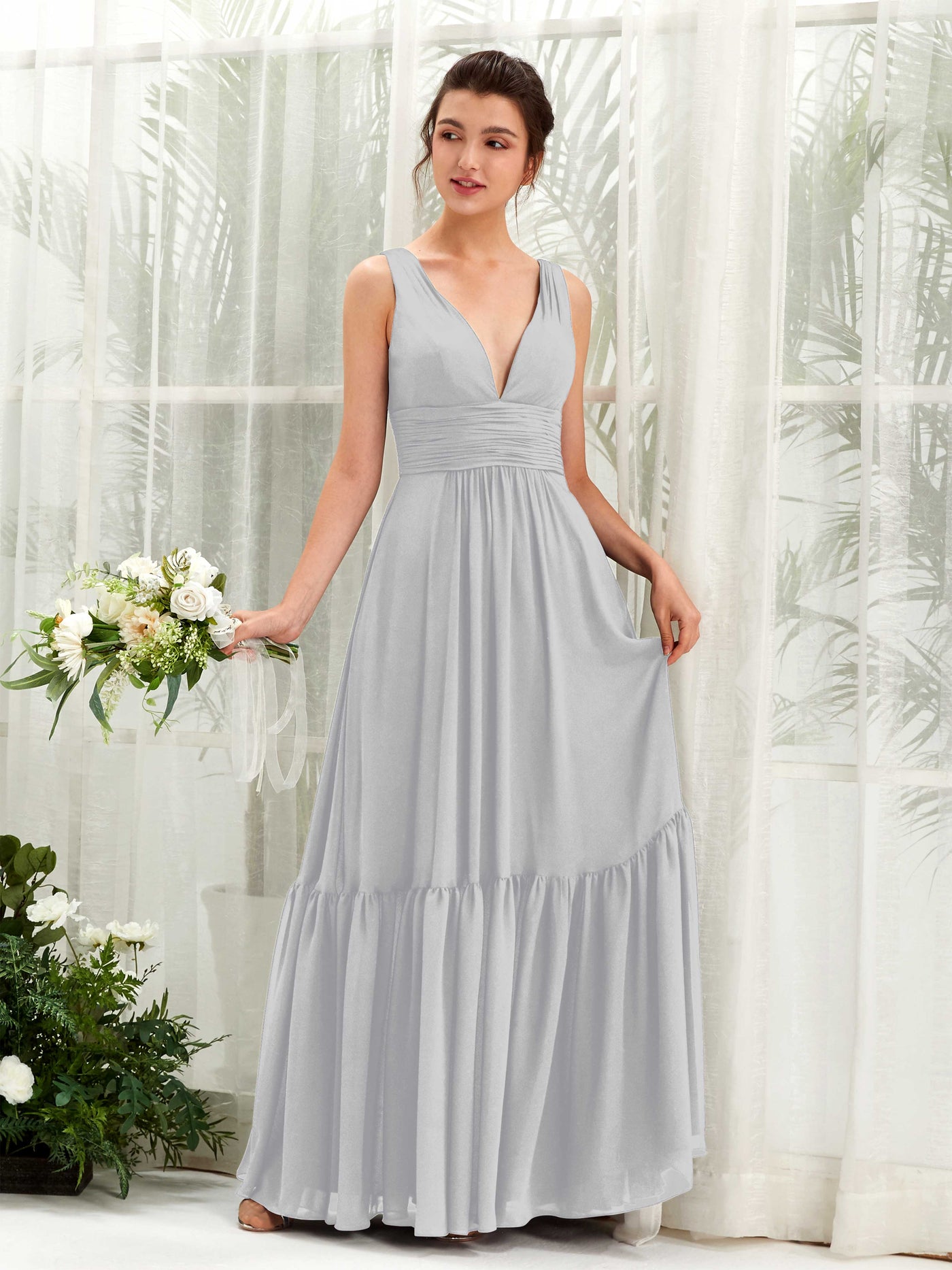 Carlyna Robe trapèze col V longueur ras du sol demoiselle d'honneur Argent #couleur_argent