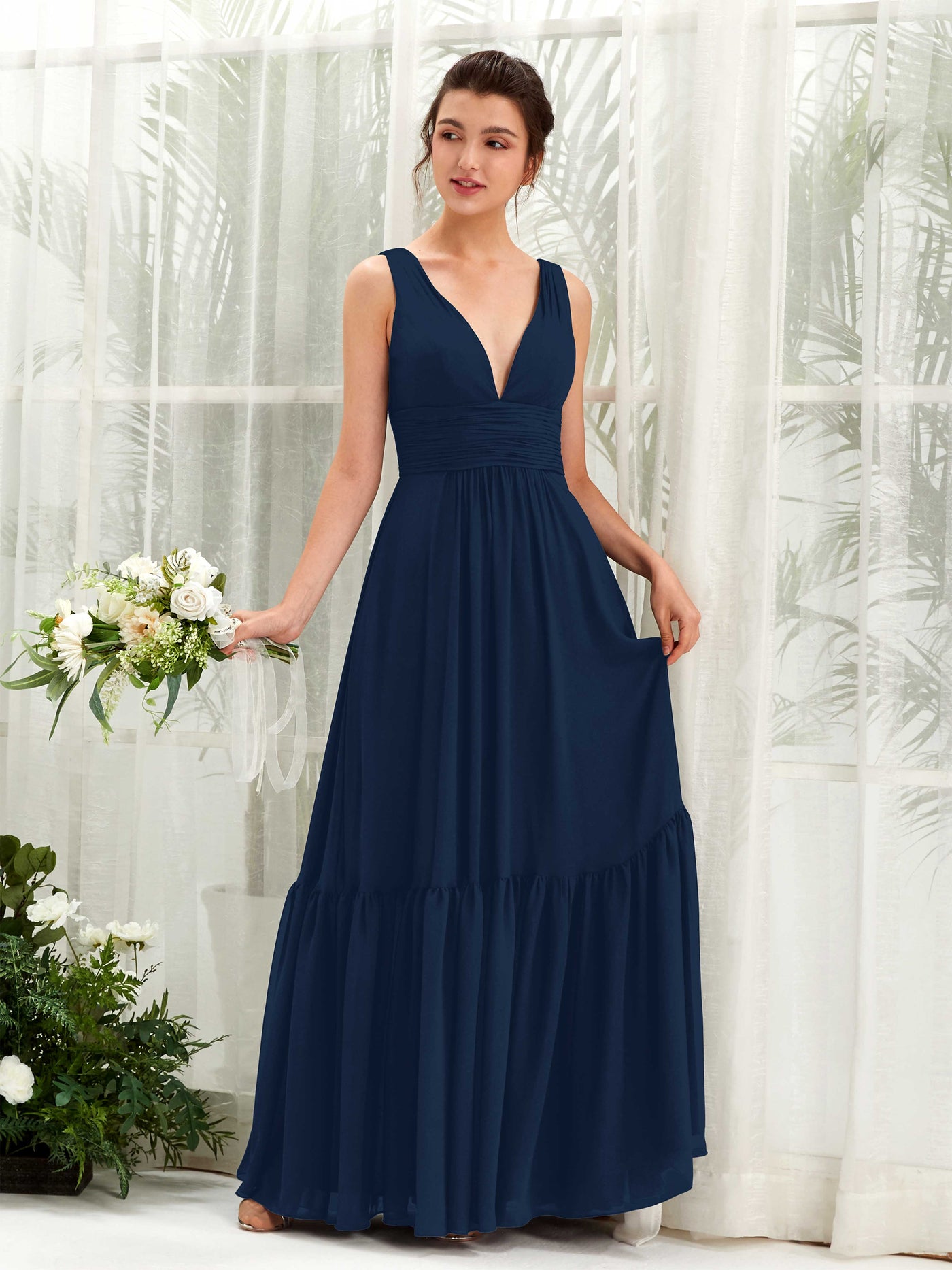 Carlyna Robe trapèze col V longueur ras du sol demoiselle d'honneur Bleu Marine #couleur_bleu-marine