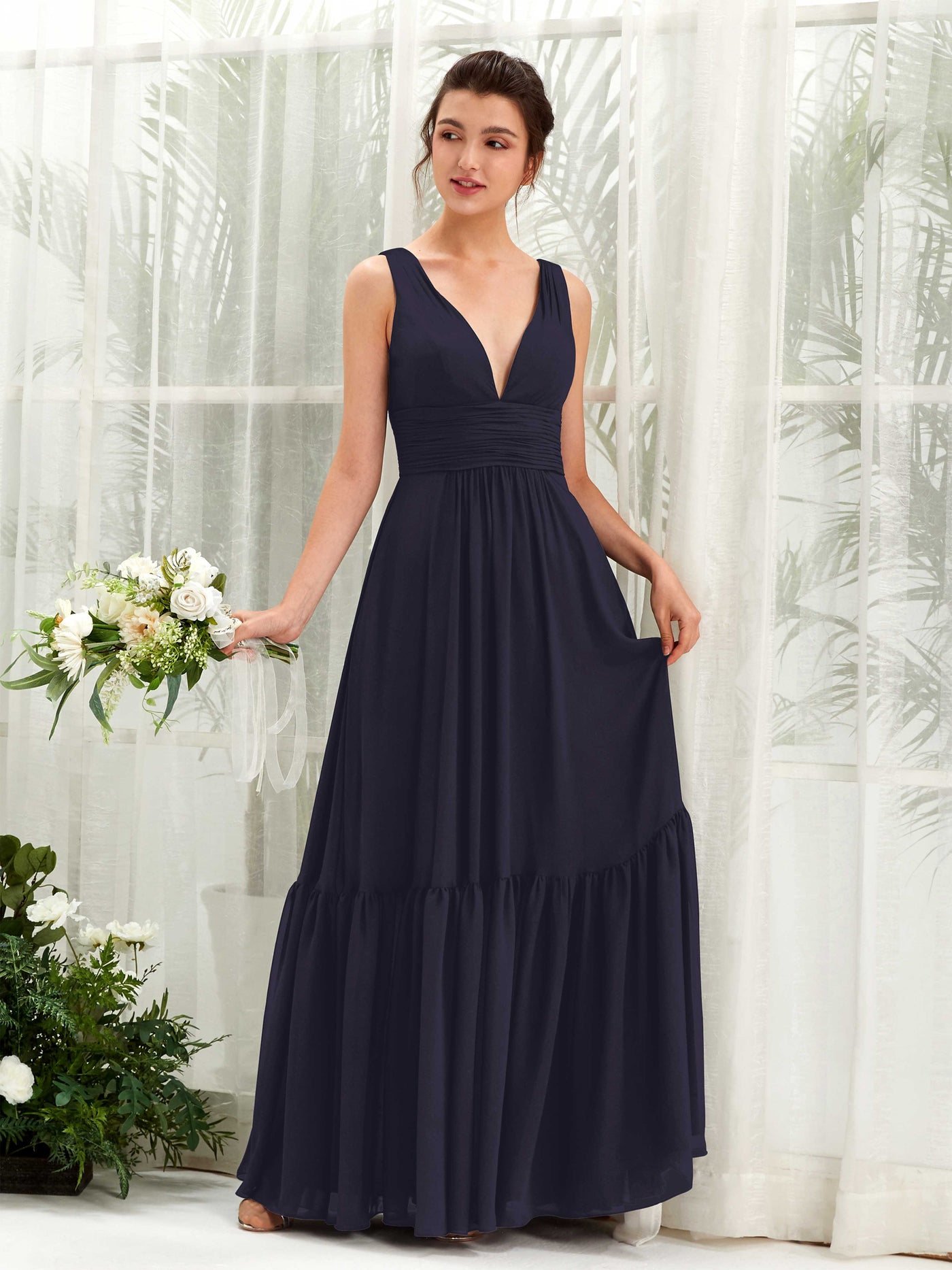 Carlyna Robe trapèze col V longueur ras du sol demoiselle d'honneur Bleu Marine Foncé #couleur_bleu-marine-fonc