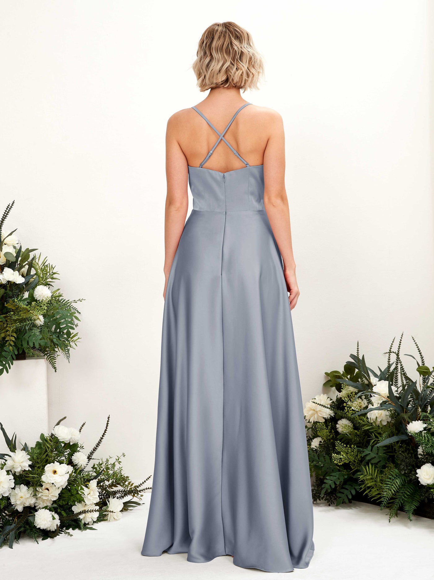 Carlyna Robe Trapèze Col V Longueur ras du sol Demoiselle d'honneur Bleu Poussiéreux #couleur_bleu-poussi-reux