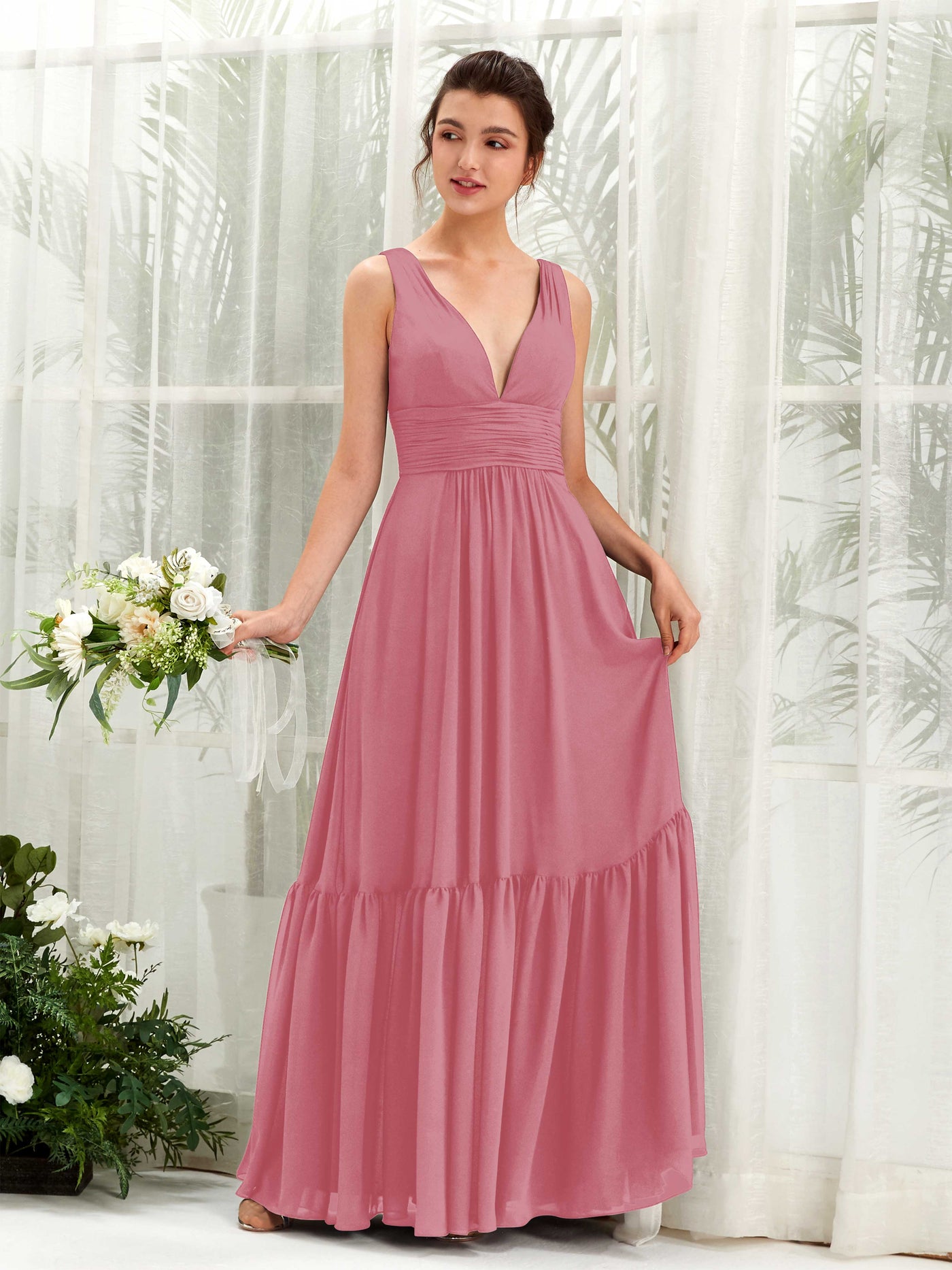 Carlyna Robe trapèze col V longueur ras du sol demoiselle d'honneur Rose Du Désert #couleur_rose-du-d-sert