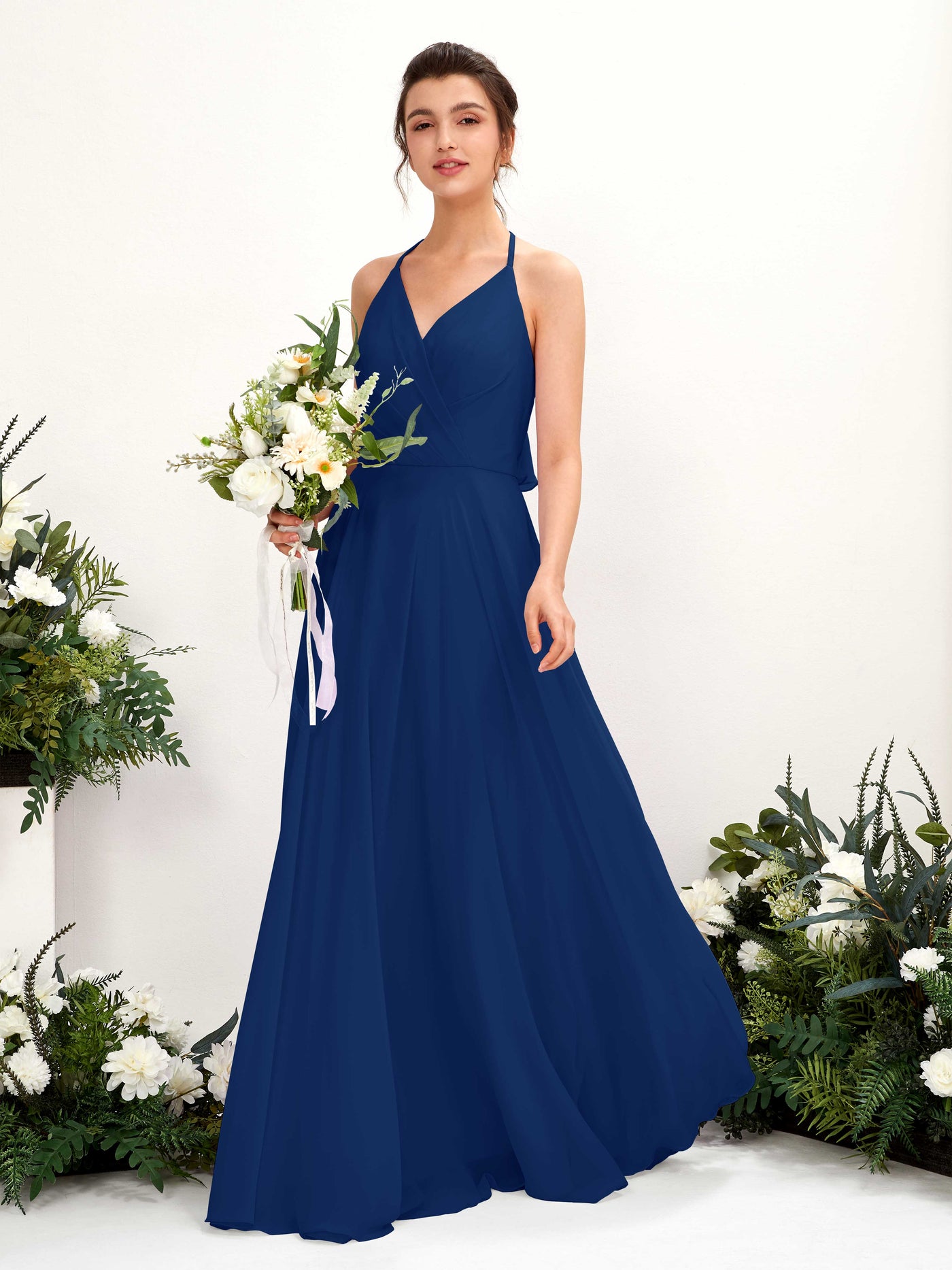 Carlyna Robe Trapèze Col V Longueur ras du sol Fente sur la jambe Demoiselle d'honneur Bleu Roi #couleur_bleu-roi