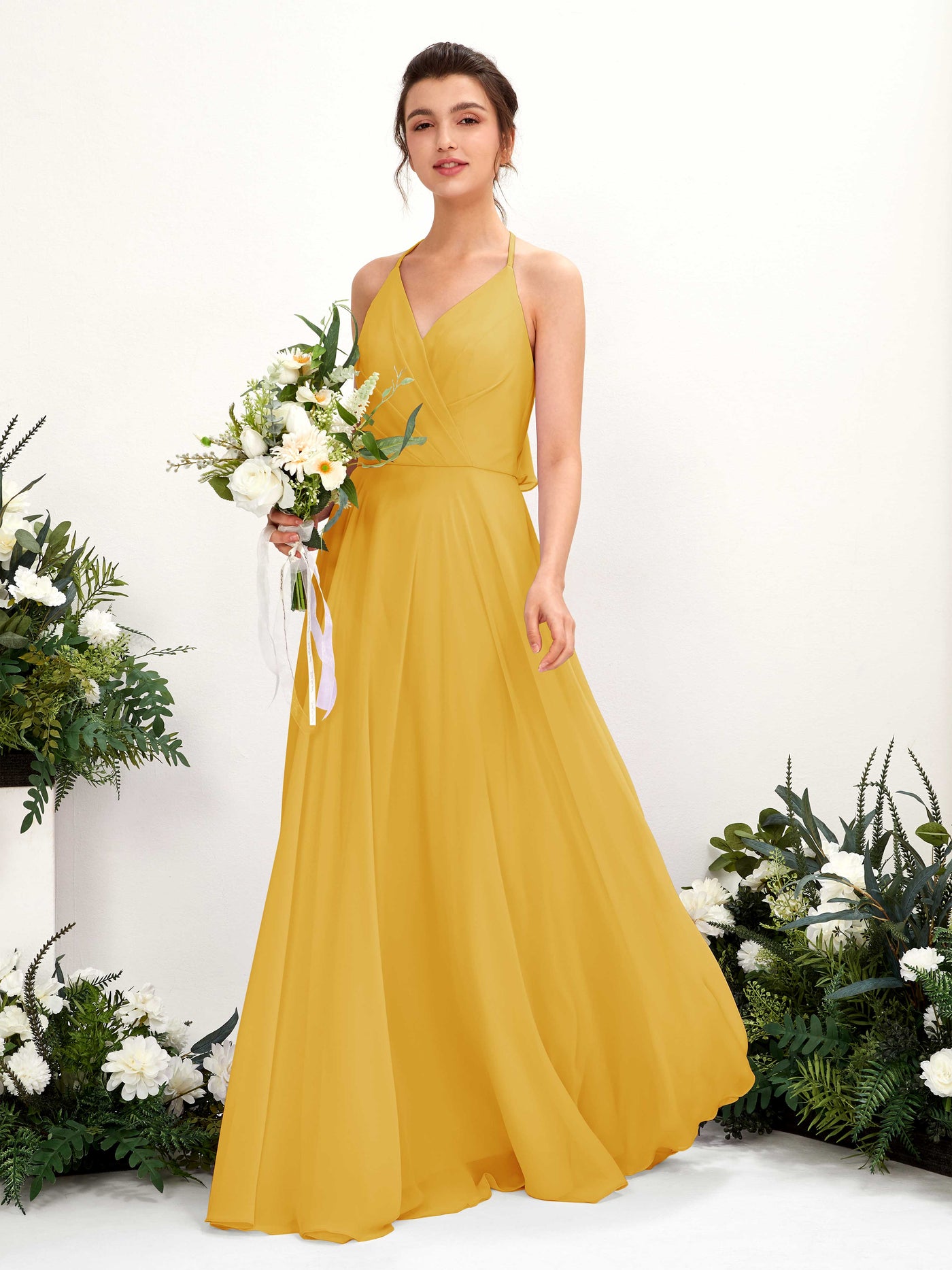 Carlyna Robe Trapèze Col V Longueur ras du sol Fente sur la jambe Demoiselle d'honneur Jaune Moutard #couleur_jaune-moutard