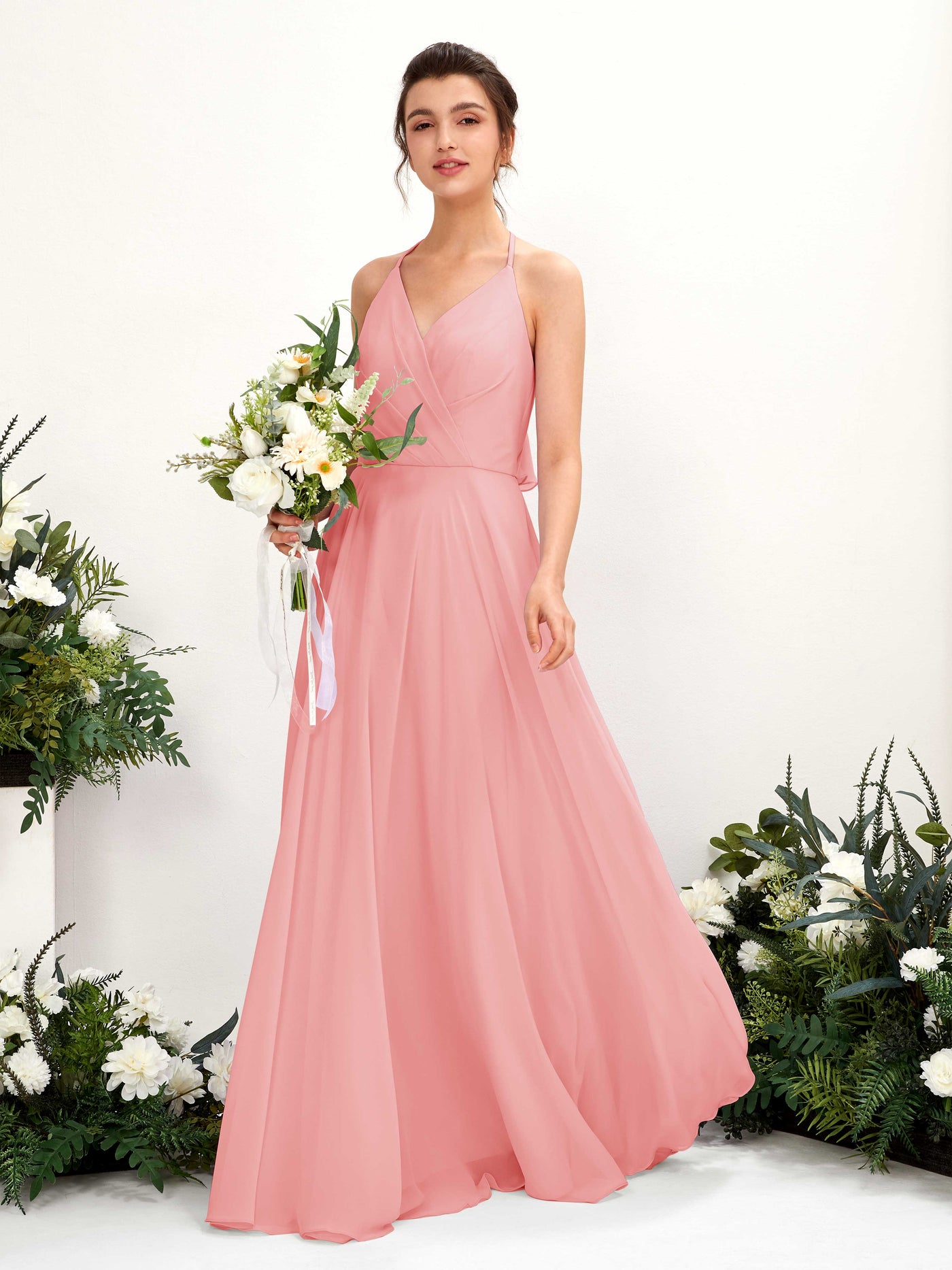 Carlyna Robe Trapèze Col V Longueur ras du sol Fente sur la jambe Demoiselle d'honneur Rose Ballet #couleur_rose-ballet