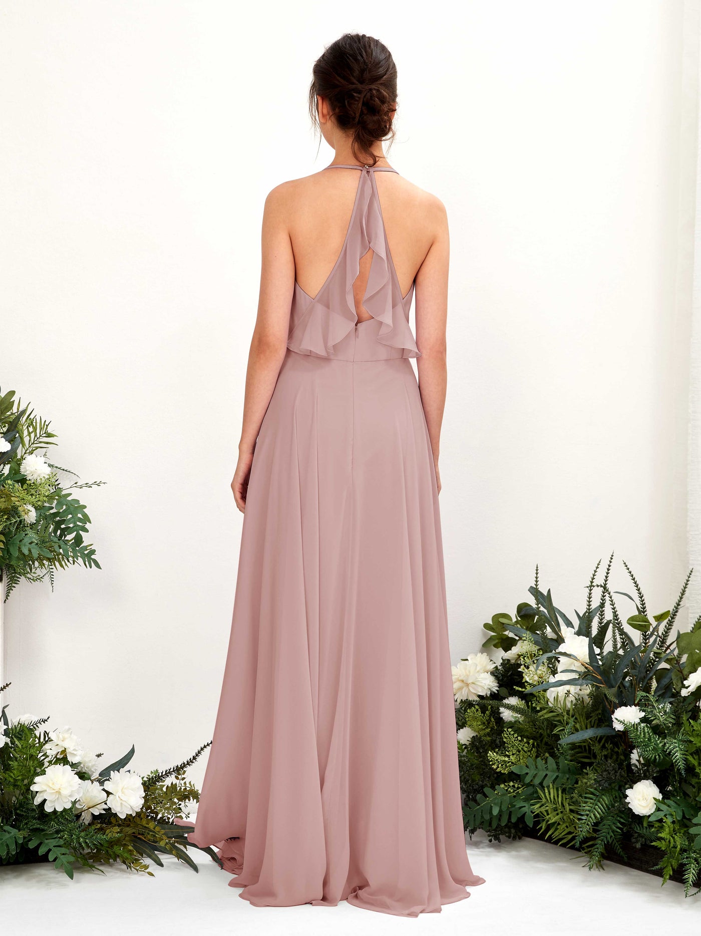 Carlyna Robe Trapèze Col V Longueur ras du sol Fente sur la jambe Demoiselle d'honneur Rose Poussiéreux #couleur_rose-poussi-reux