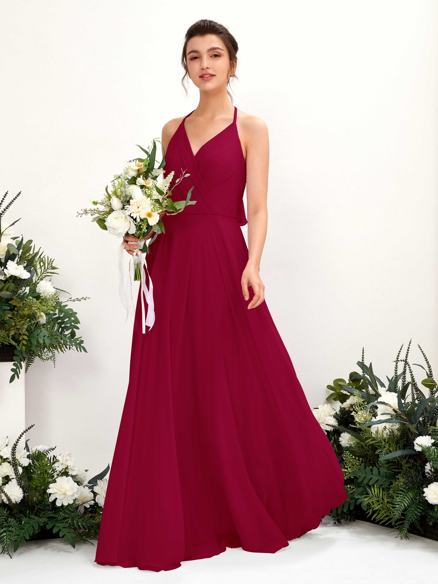 Carlyna Robe Trapèze Col V Longueur ras du sol Fente sur la jambe Demoiselle d'honneur Rouge Bouffon #couleur_rouge-bouffon