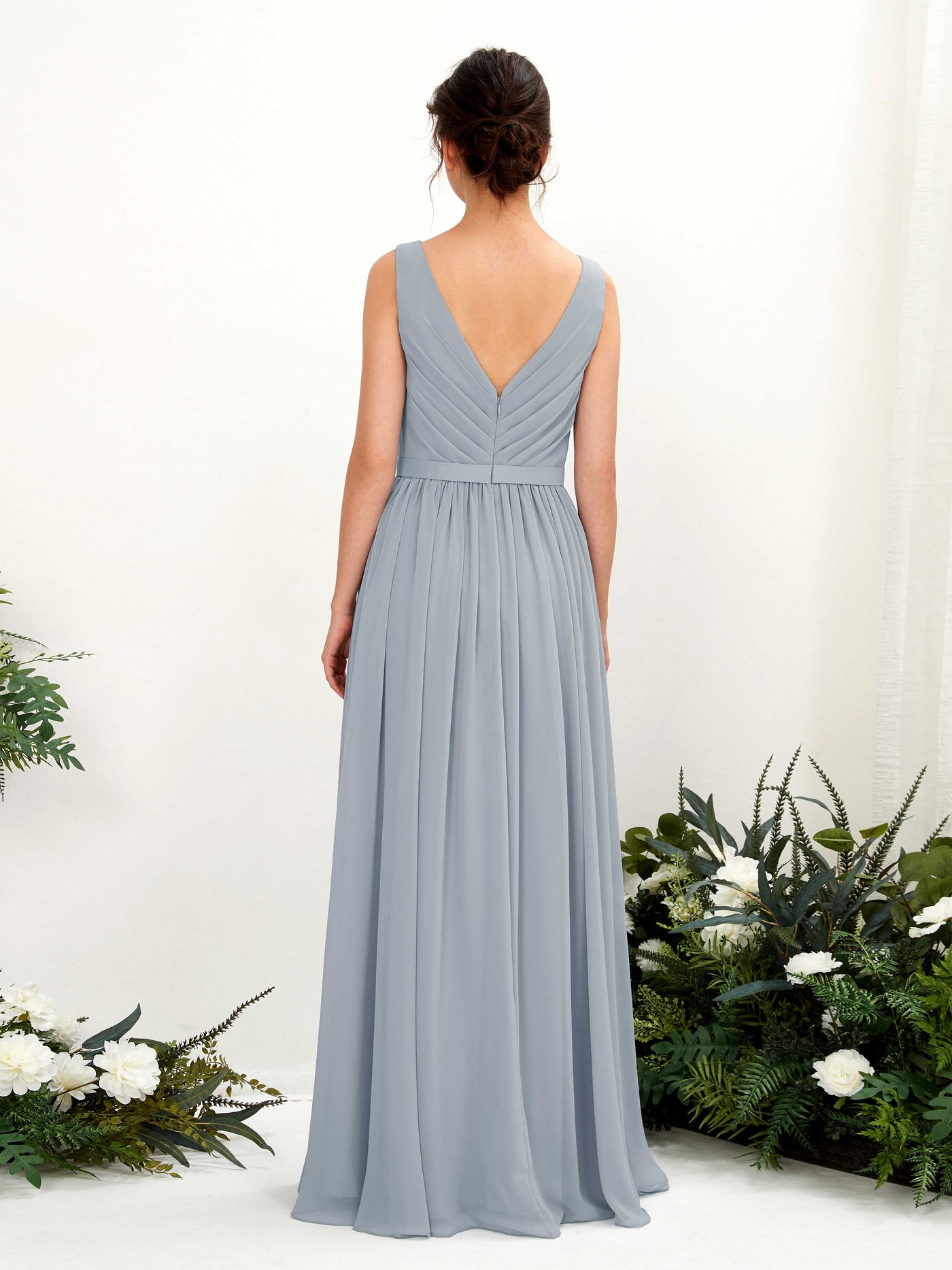 Carlyna Robe trapèze col V longueur ras du sol froncé demoiselle d'honneur Bleu Poussiéreux Amélioré #couleur_bleu-poussi-reux-am-lior