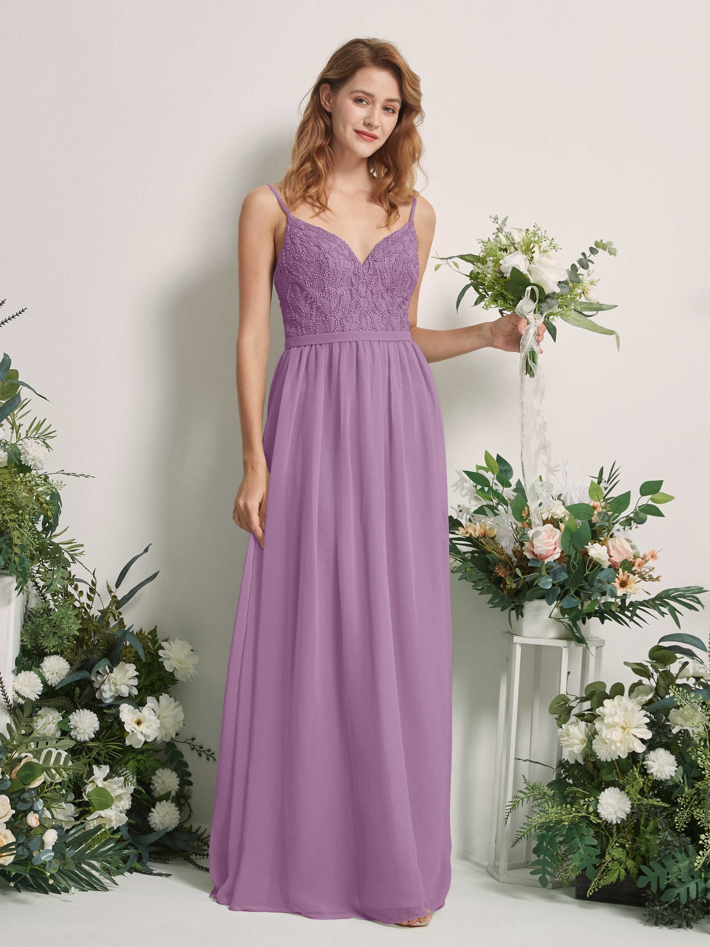 Carlyna Robe Trapèze Col V Longueur ras du sol Froncé Demoiselle d'honneur Brume Orchidée #couleur_brume-orchid-e