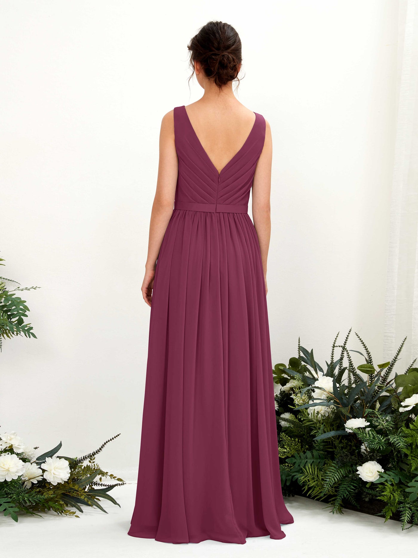 Carlyna Robe trapèze col V longueur ras du sol froncé demoiselle d'honneur Chianti #couleur_chianti