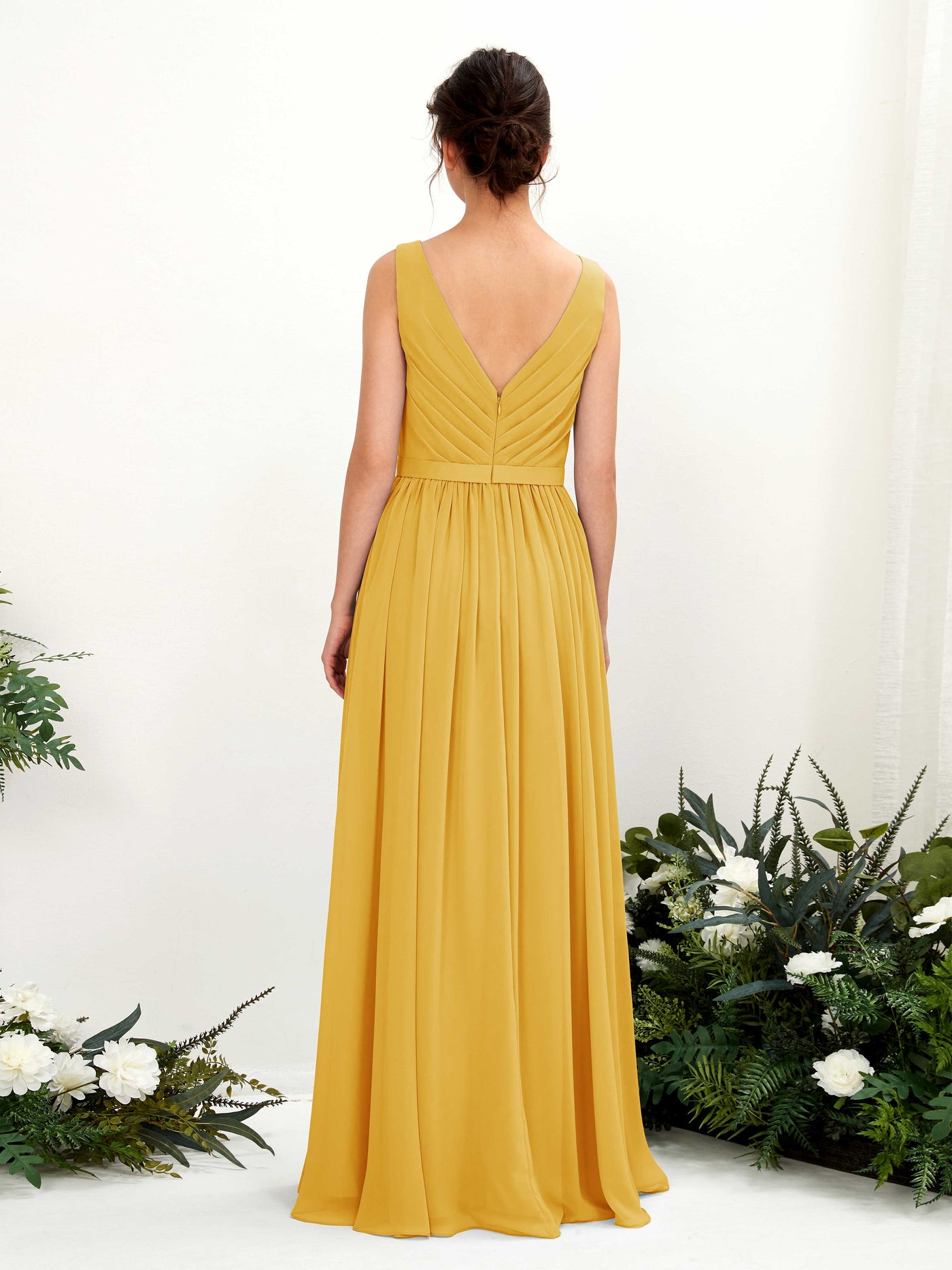 Carlyna Robe trapèze col V longueur ras du sol froncé demoiselle d'honneur Jaune Moutard #couleur_jaune-moutard