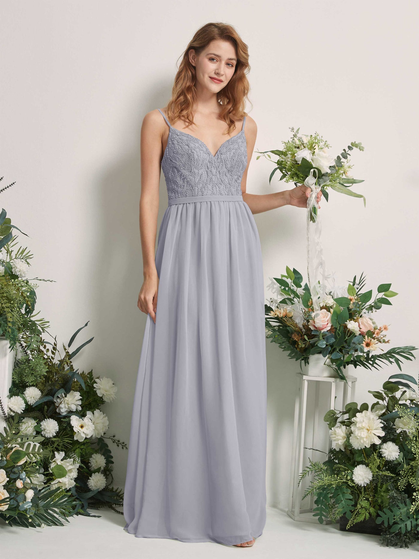 Carlyna Robe Trapèze Col V Longueur ras du sol Froncé Demoiselle d'honneur Lavande Poudrée #couleur_lavande-poudr-e