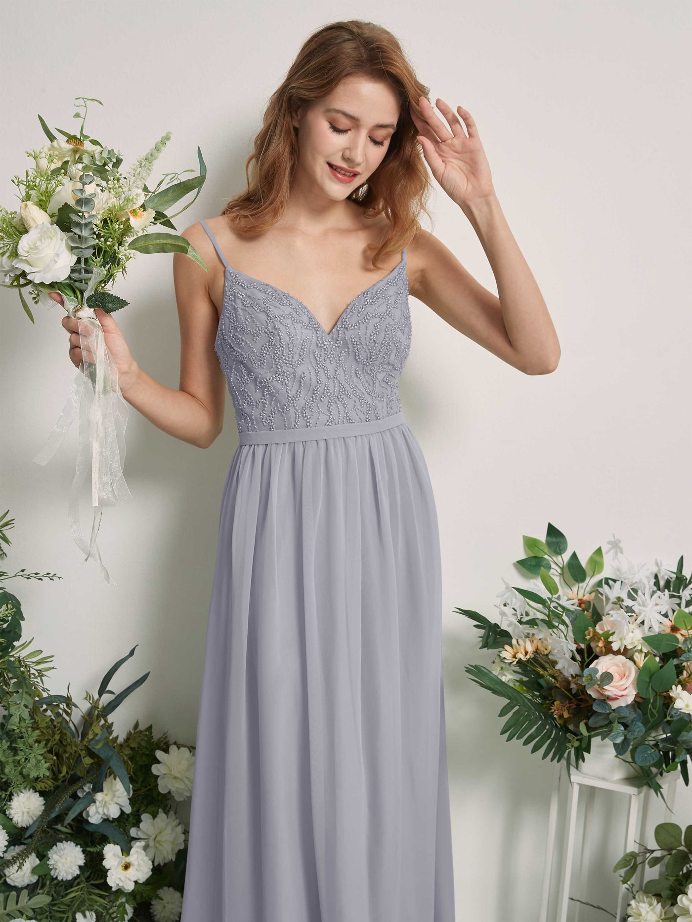Carlyna Robe Trapèze Col V Longueur ras du sol Froncé Demoiselle d'honneur Lavande Poudrée #couleur_lavande-poudr-e
