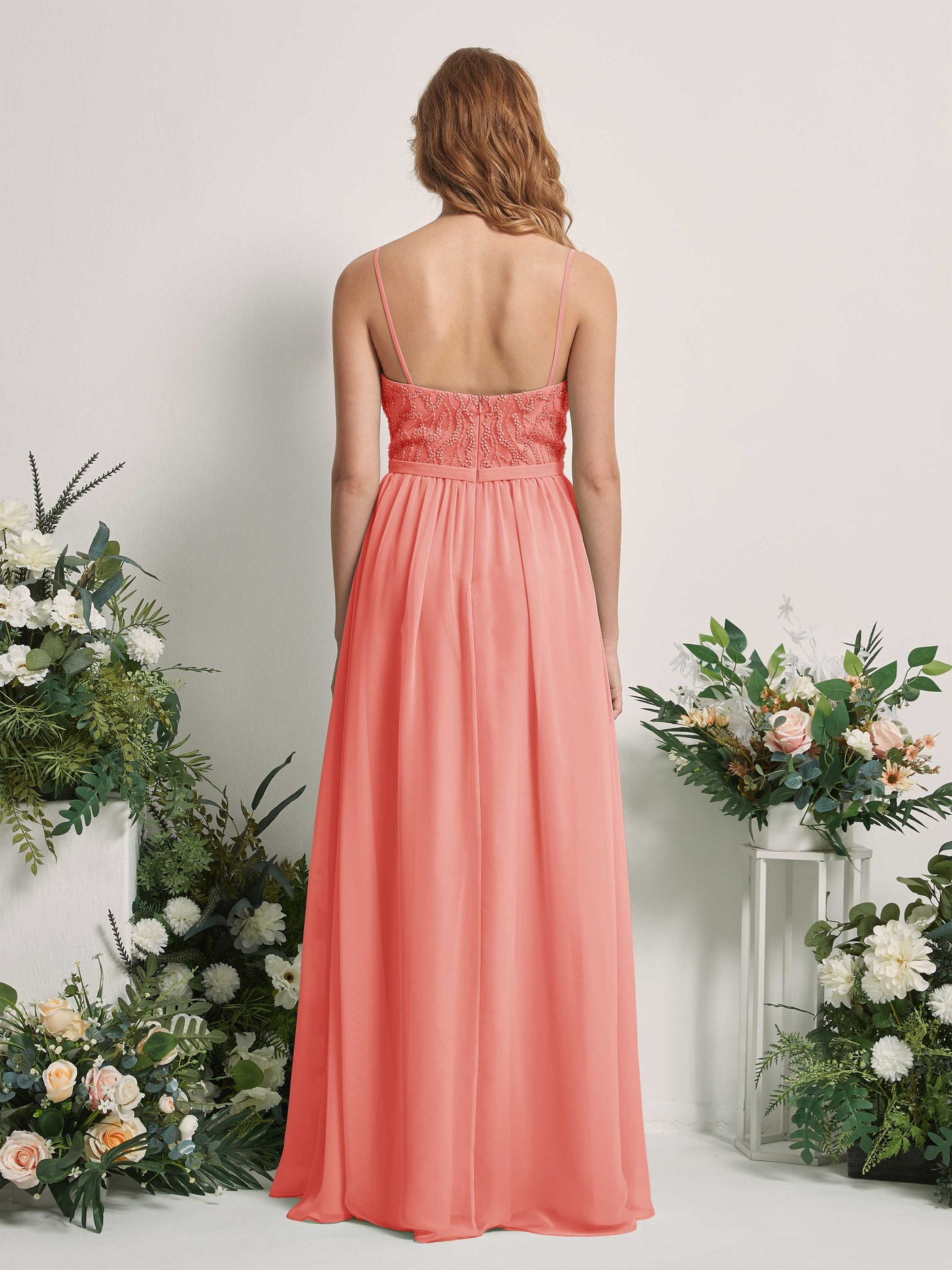 Carlyna Robe Trapèze Col V Longueur ras du sol Froncé Demoiselle d'honneur Rose Pêche #couleur_rose-p-che