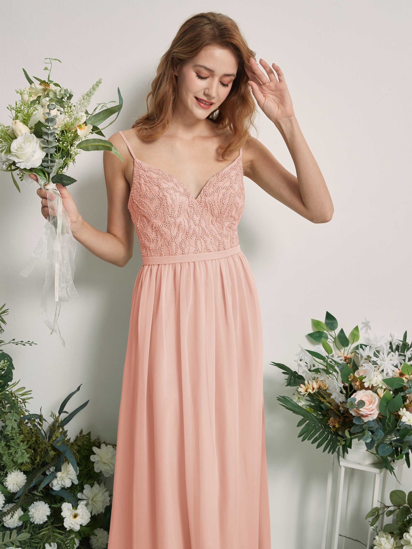 Carlyna Robe Trapèze Col V Longueur ras du sol Froncé Demoiselle d'honneur Rose Perle #couleur_rose-perle