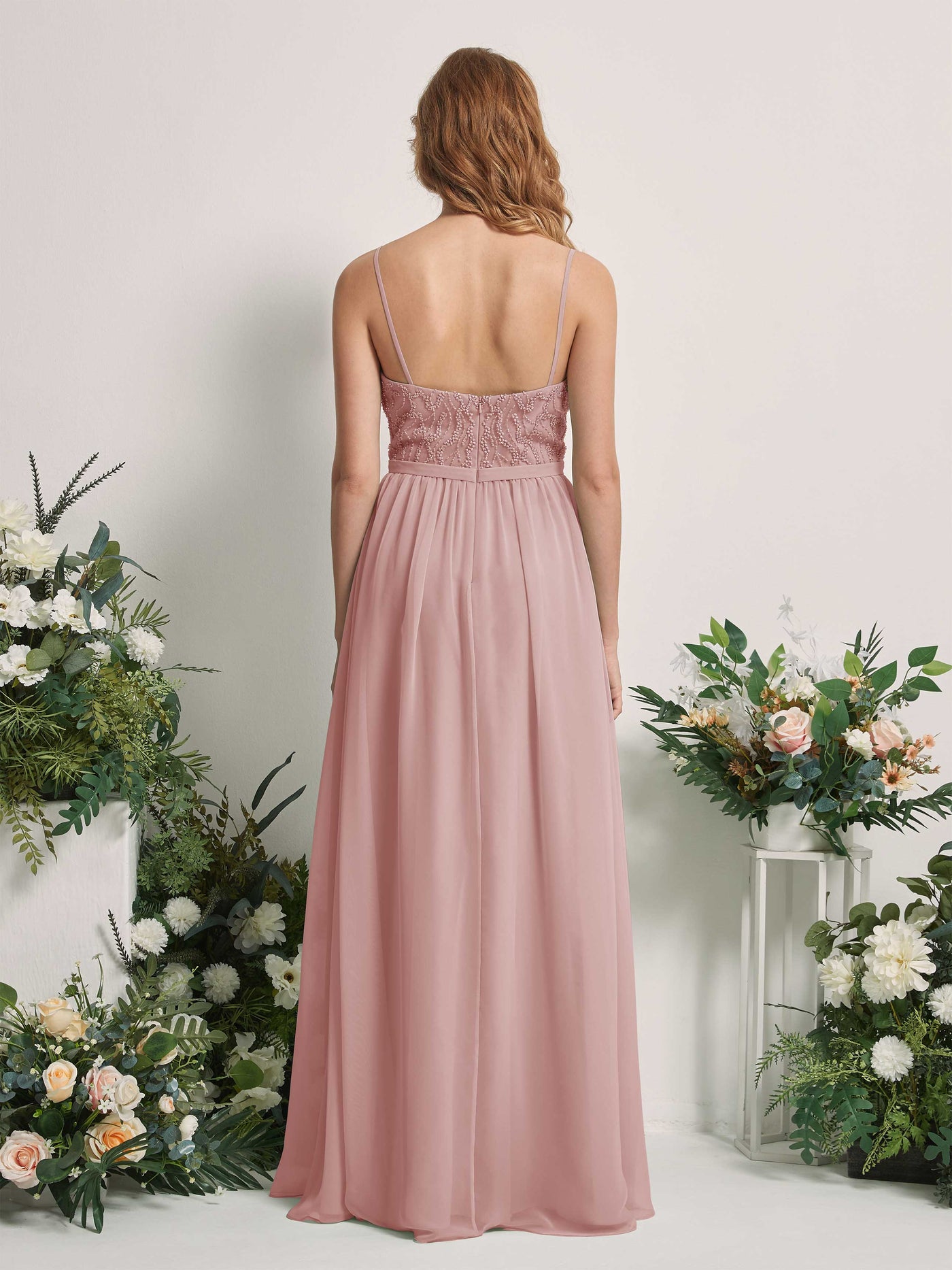 Carlyna Robe Trapèze Col V Longueur ras du sol Froncé Demoiselle d'honneur Rose Poussiéreux #couleur_rose-poussi-reux