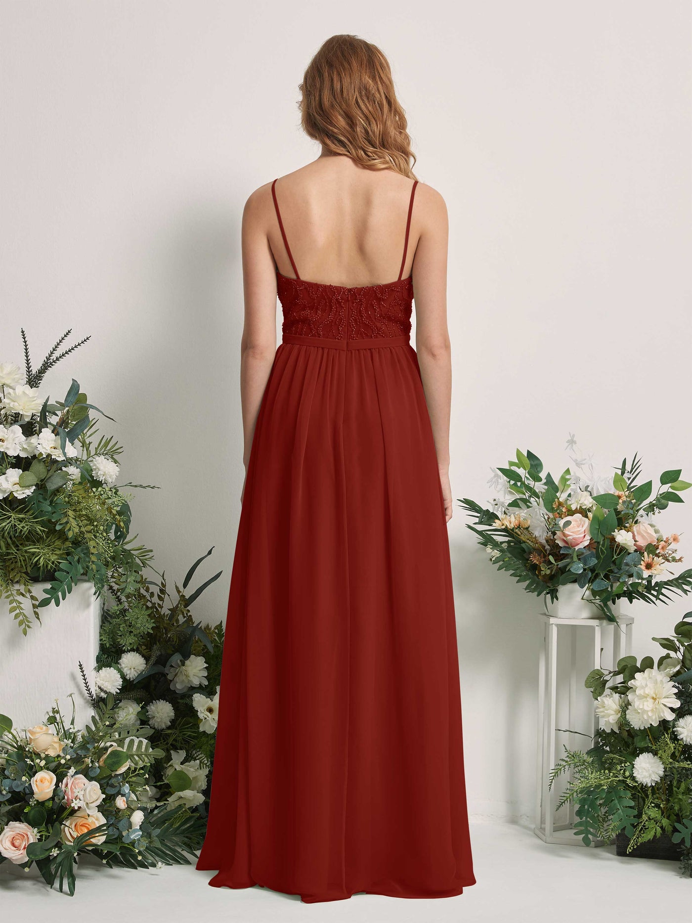 Carlyna Robe Trapèze Col V Longueur ras du sol Froncé Demoiselle d'honneur Rouille #couleur_rouille