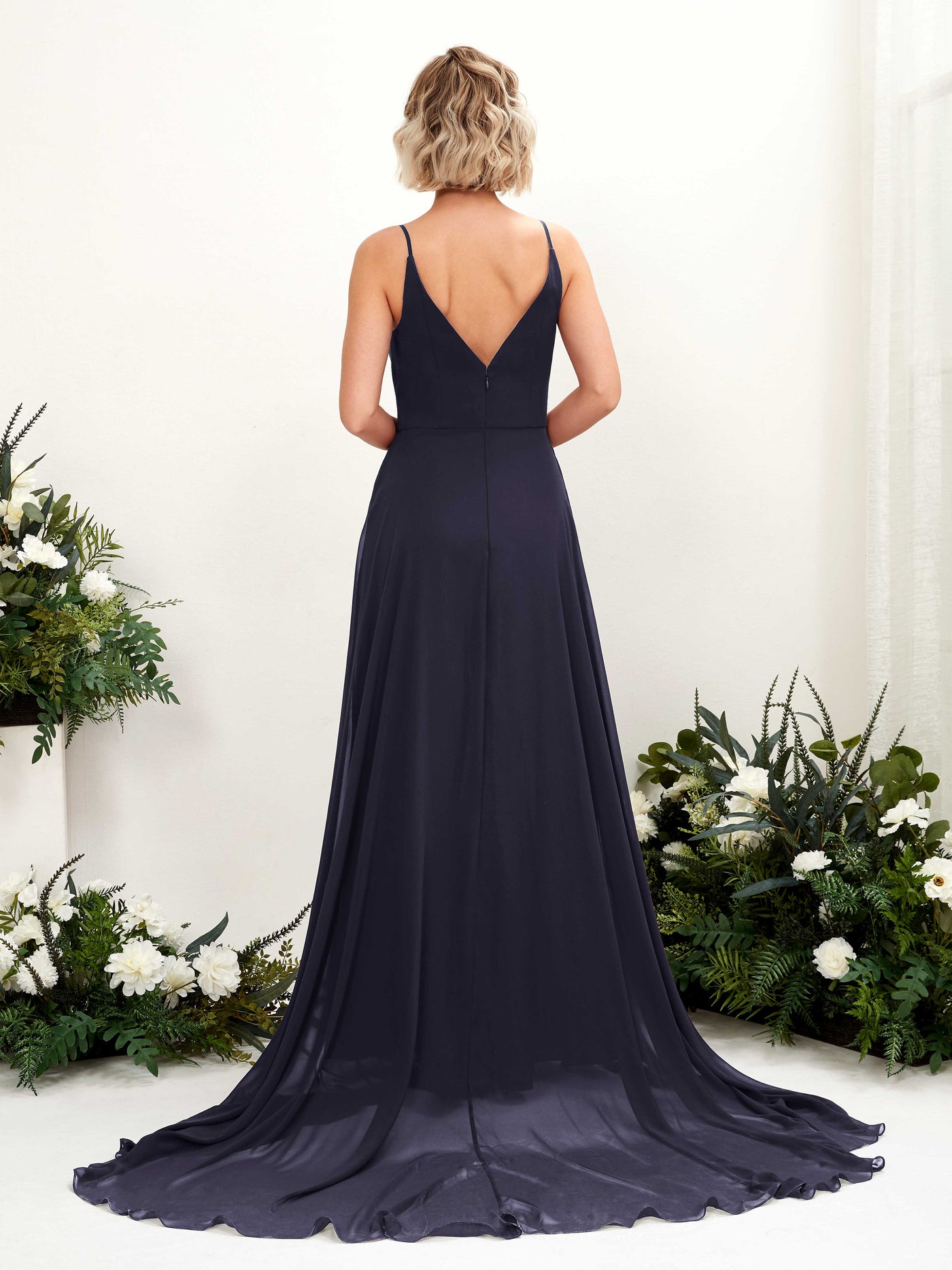 Carlyna Robe trapèze col V longueur ras du sol mousseline demoiselle d'honneur Bleu Marine Foncé #couleur_bleu-marine-fonc