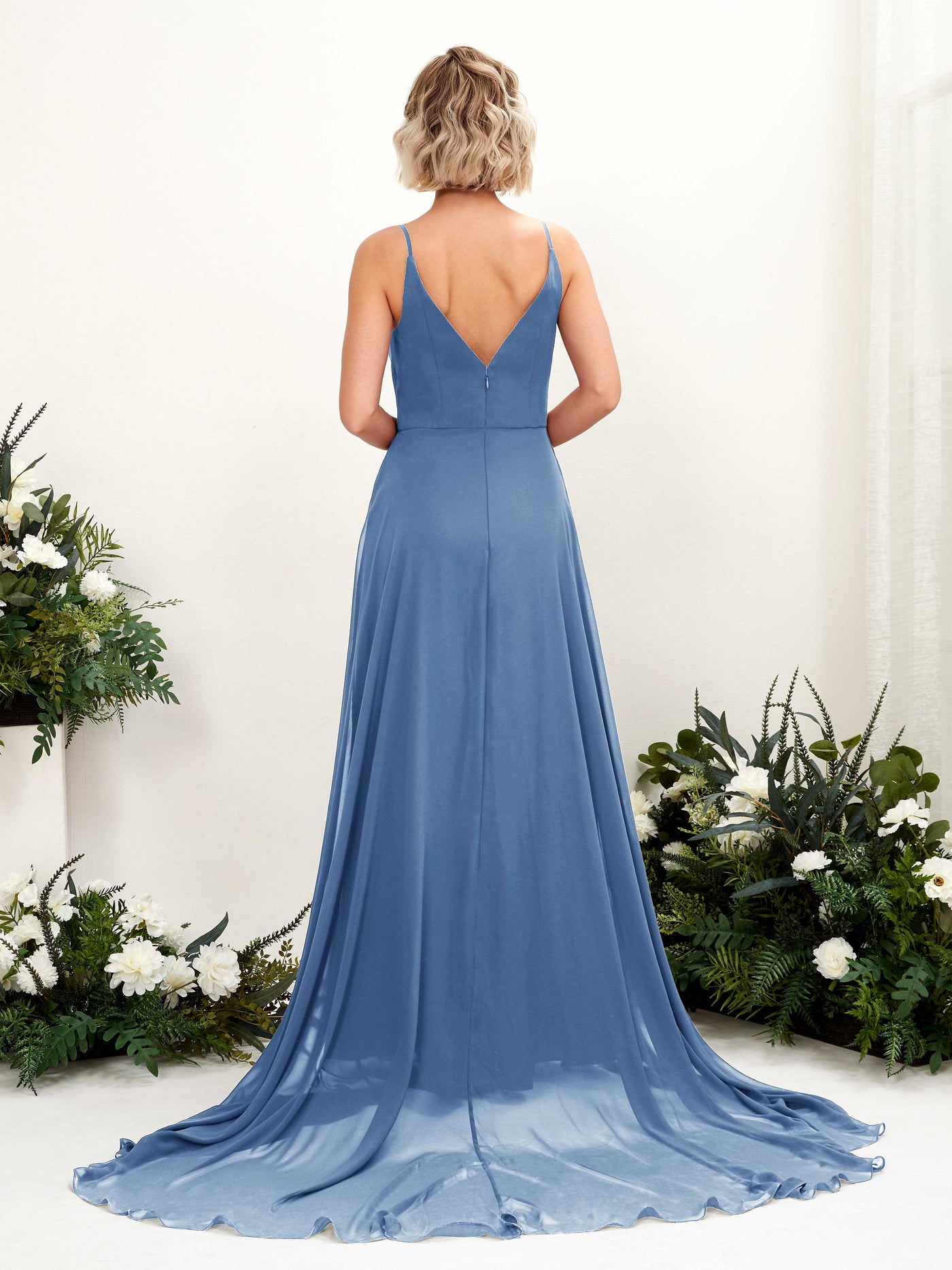 Carlyna Robe trapèze col V longueur ras du sol mousseline demoiselle d'honneur Bleu Poussiéreux #couleur_bleu-poussi-reux
