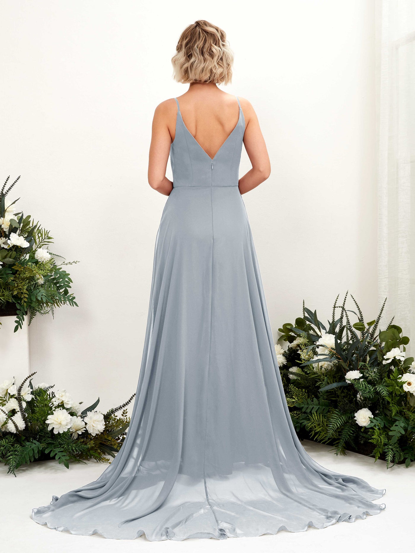 Carlyna Robe trapèze col V longueur ras du sol mousseline demoiselle d'honneur Bleu Poussiéreux Amélioré #couleur_bleu-poussi-reux-am-lior