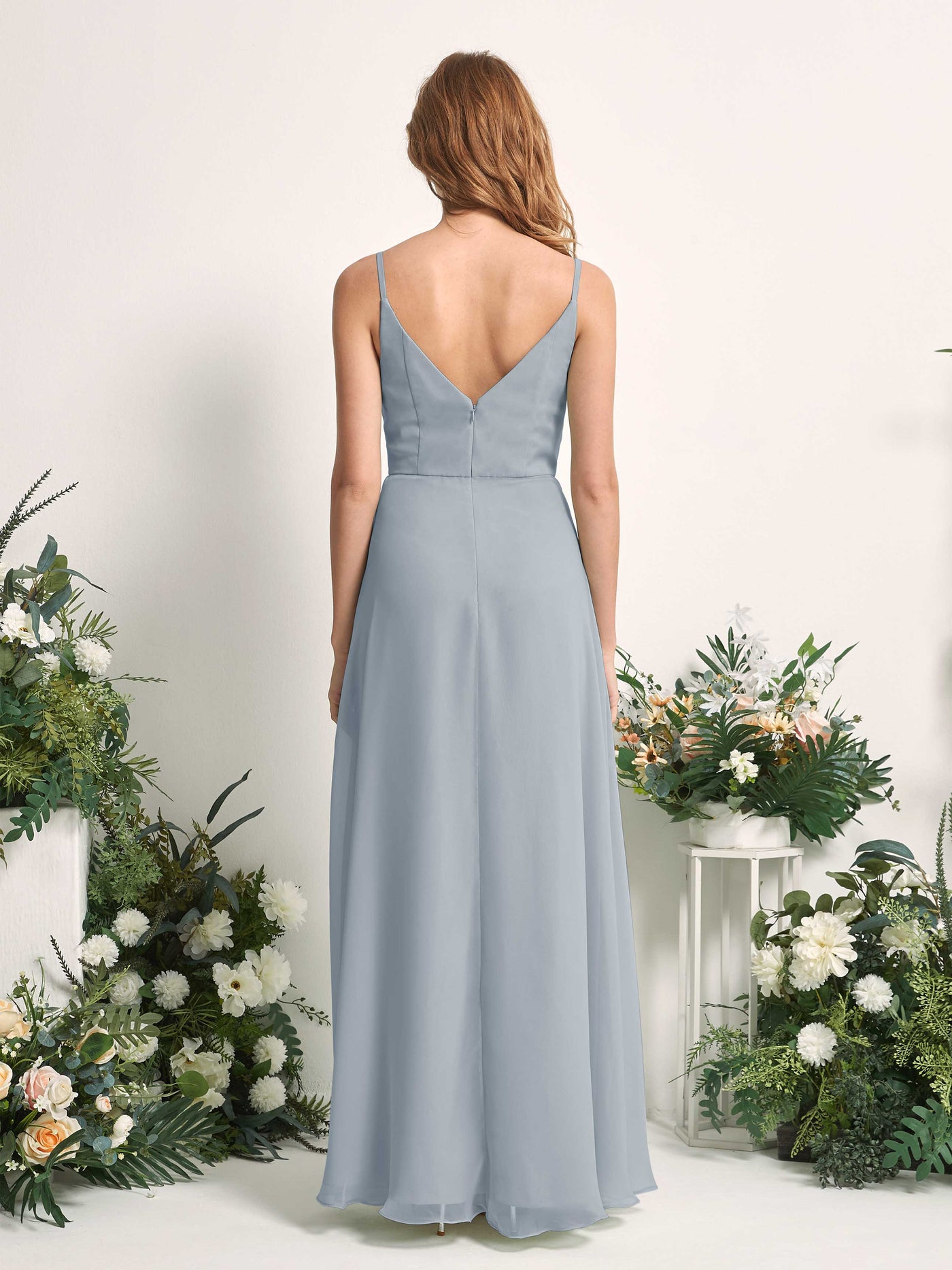 Carlyna Robe trapèze col V longueur ras du sol mousseline demoiselle d'honneur Bleu Poussiéreux Amélioré #couleur_bleu-poussi-reux-am-lior