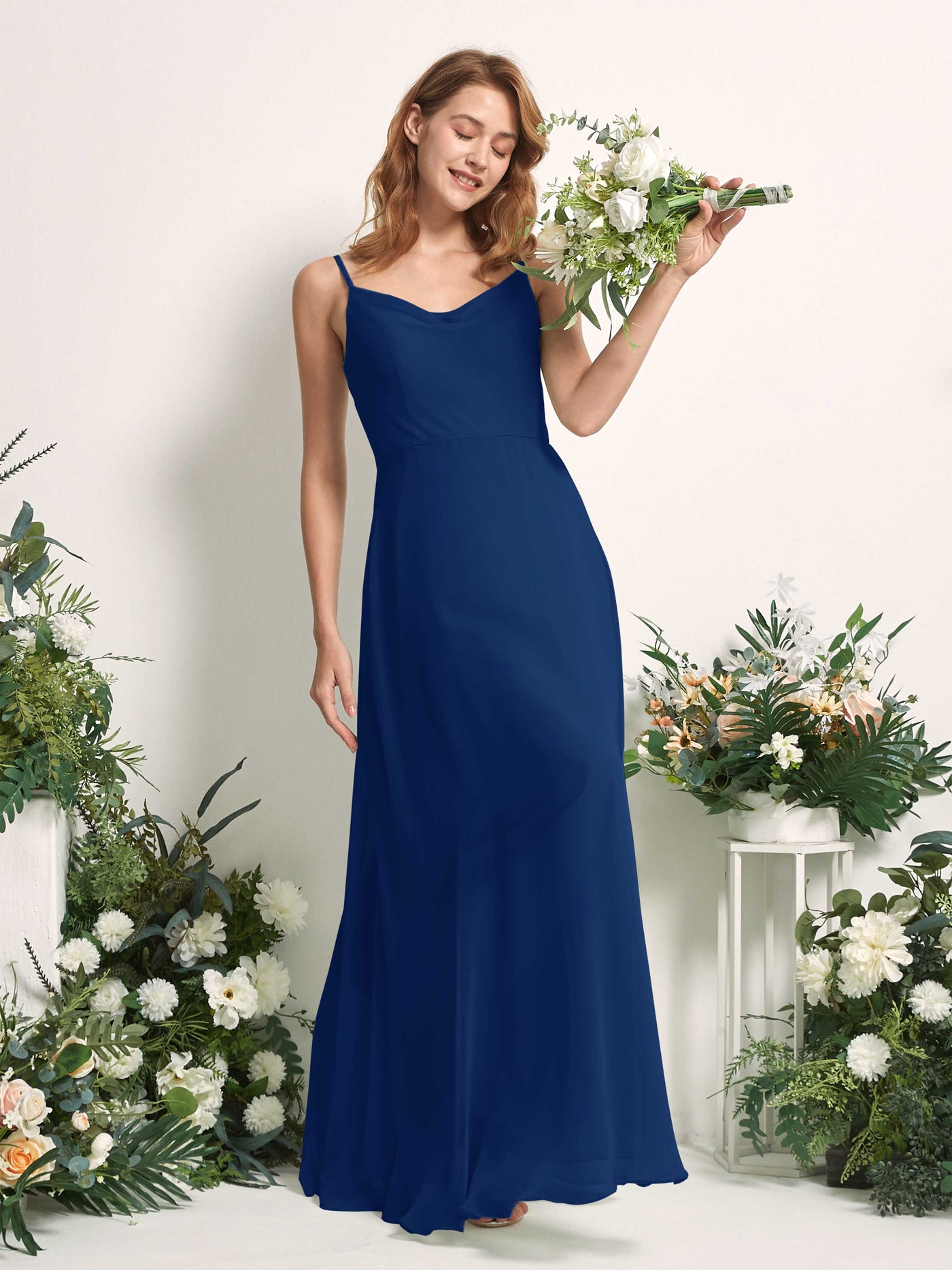 Carlyna Robe trapèze col V longueur ras du sol mousseline demoiselle d'honneur Bleu Roi #couleur_bleu-roi