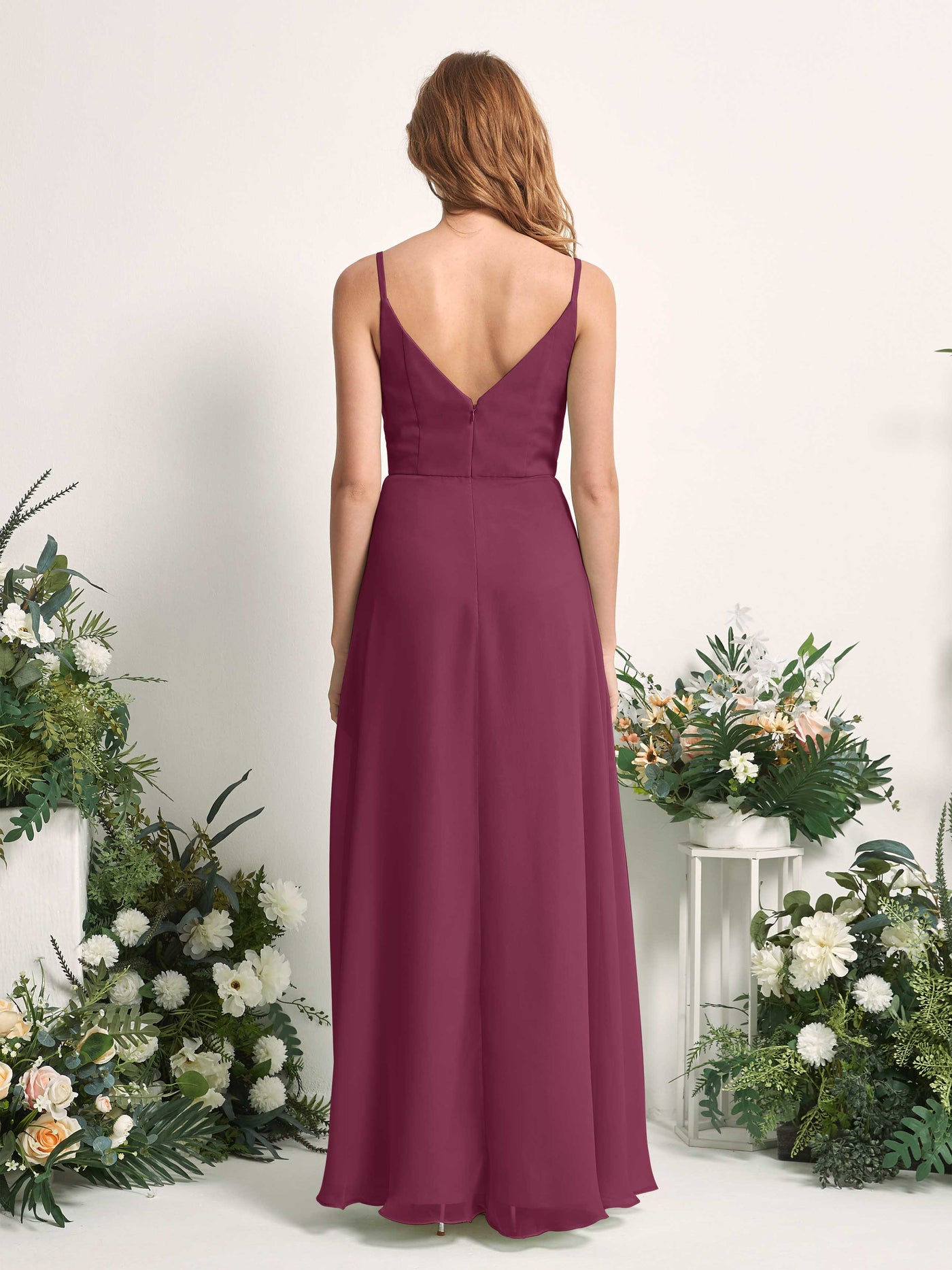 Carlyna Robe trapèze col V longueur ras du sol mousseline demoiselle d'honneur Chianti #couleur_chianti