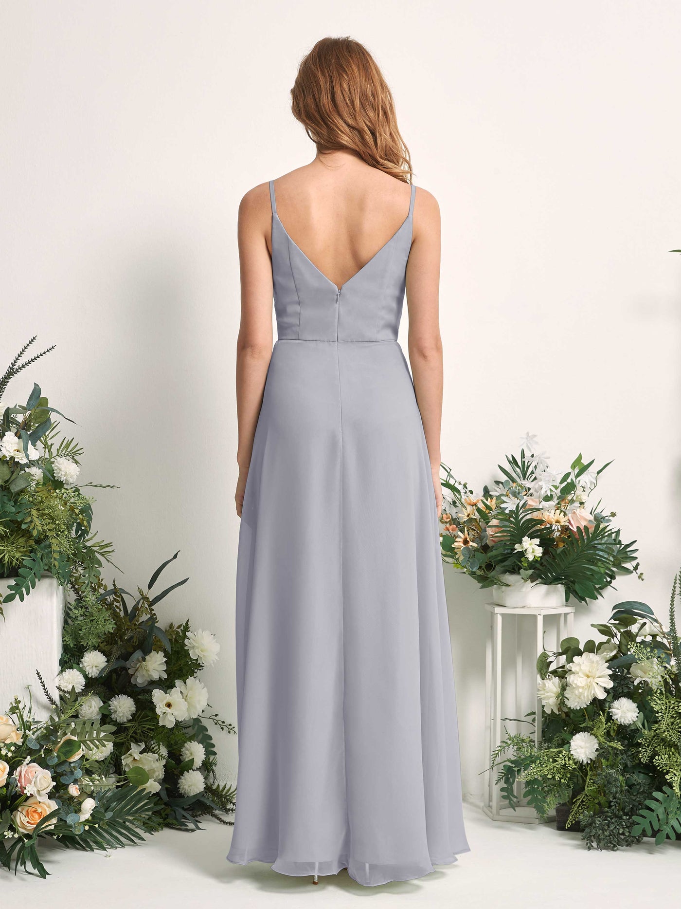 Carlyna Robe trapèze col V longueur ras du sol mousseline demoiselle d'honneur Lavande Poudrée #couleur_lavande-poudr-e