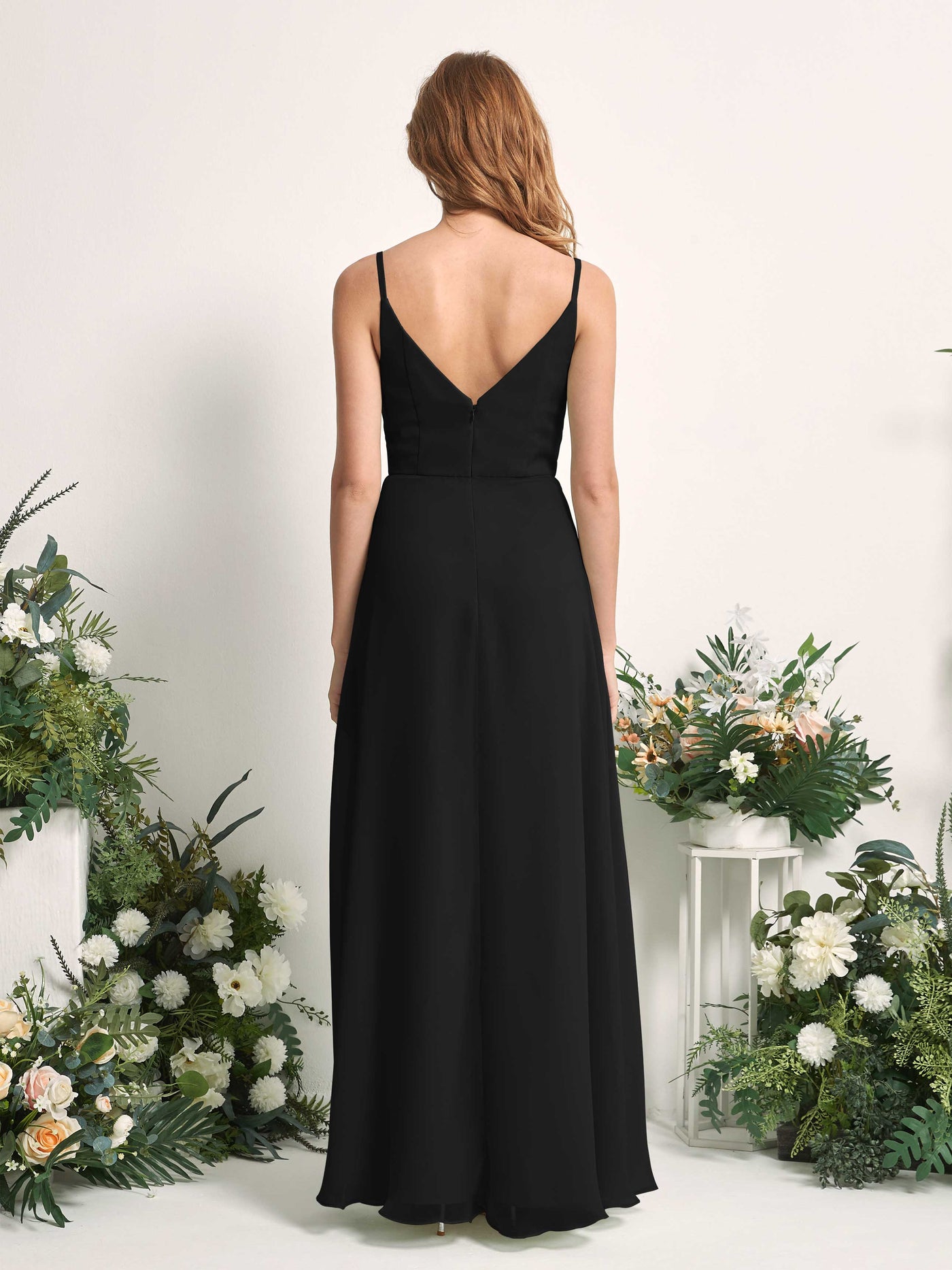 Carlyna Robe trapèze col V longueur ras du sol mousseline demoiselle d'honneur Noir #couleur_noir
