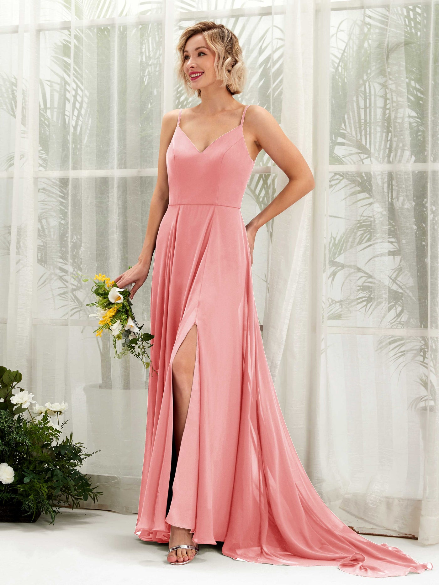 Carlyna Robe trapèze col V longueur ras du sol mousseline demoiselle d'honneur Rose Ballet #couleur_rose-ballet