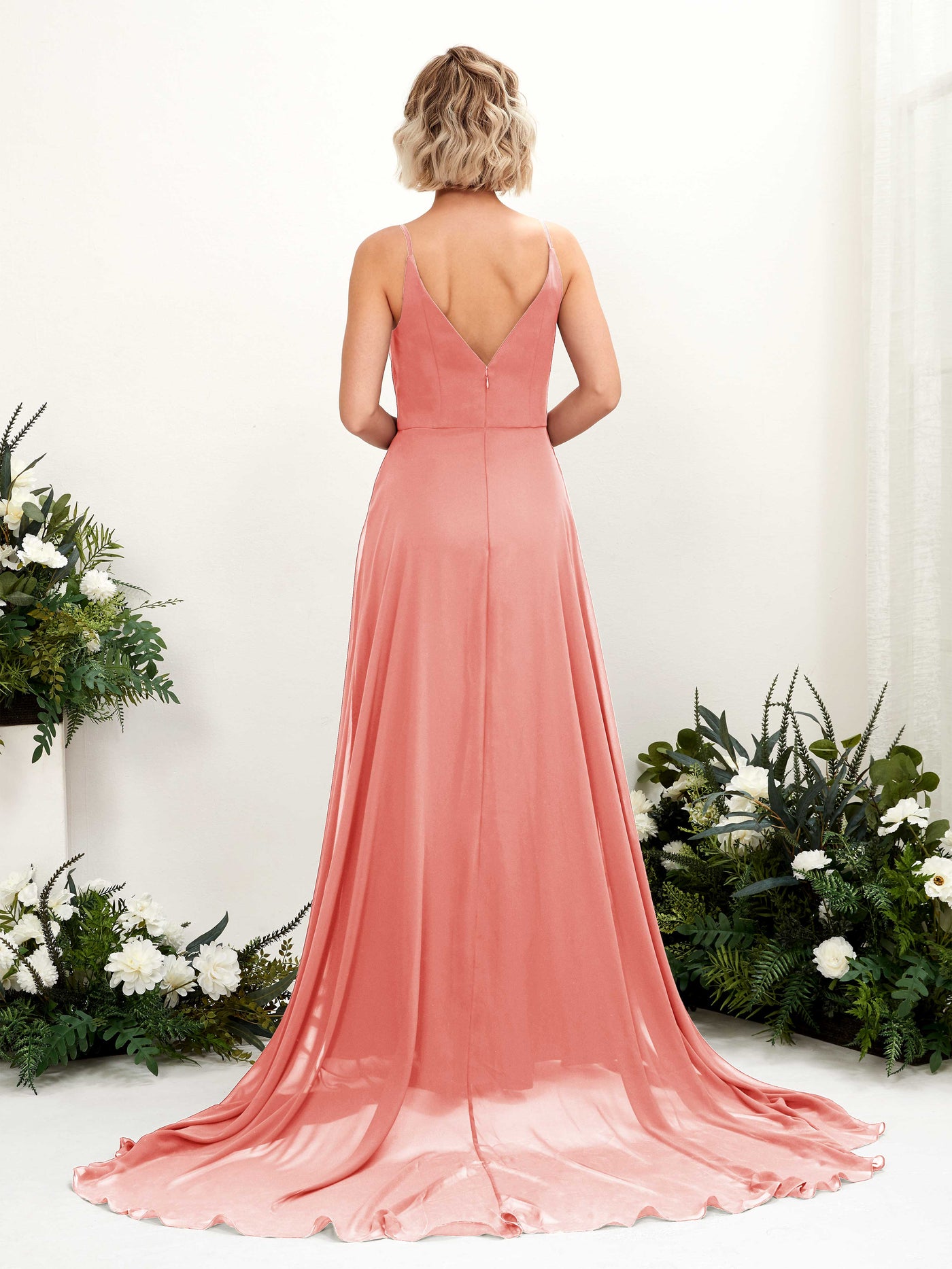 Carlyna Robe trapèze col V longueur ras du sol mousseline demoiselle d'honneur Rose Pêche #couleur_rose-p-che