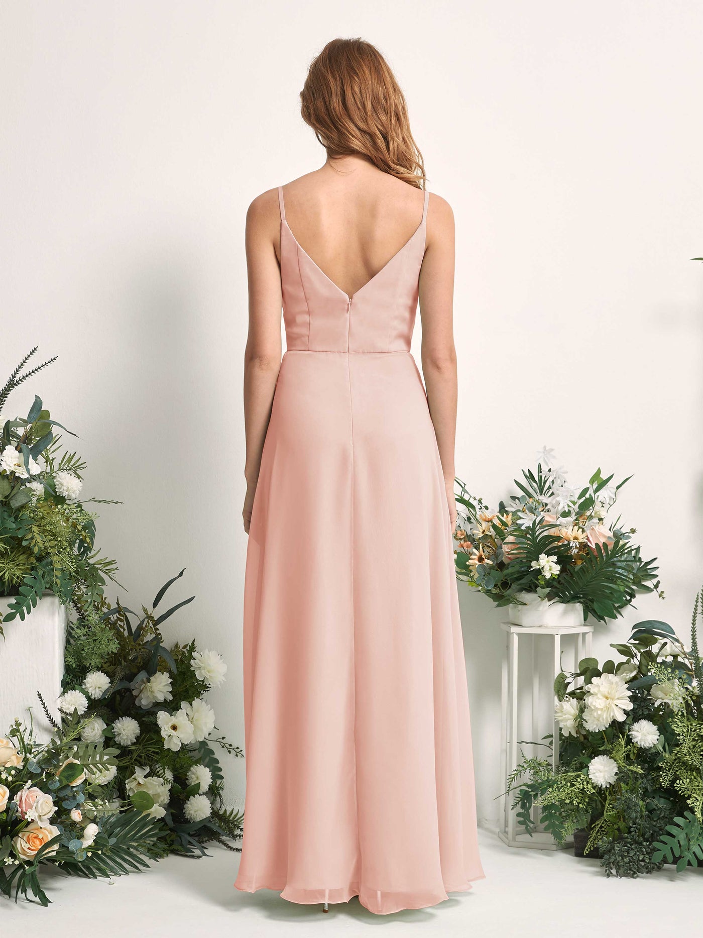 Carlyna Robe trapèze col V longueur ras du sol mousseline demoiselle d'honneur Rose Perle #couleur_rose-perle