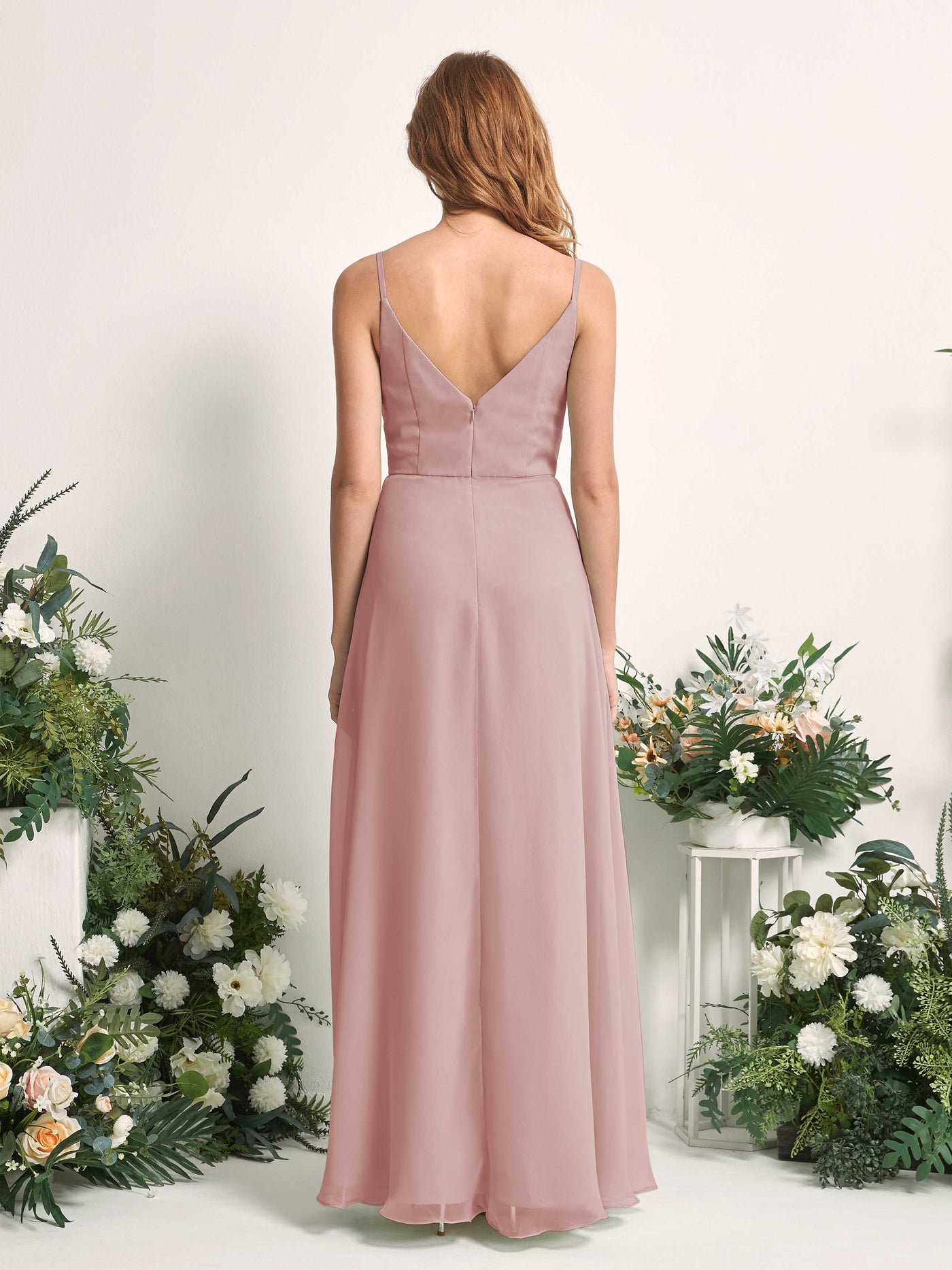 Carlyna Robe trapèze col V longueur ras du sol mousseline demoiselle d'honneur Rose Poussiéreux #couleur_rose-poussi-reux