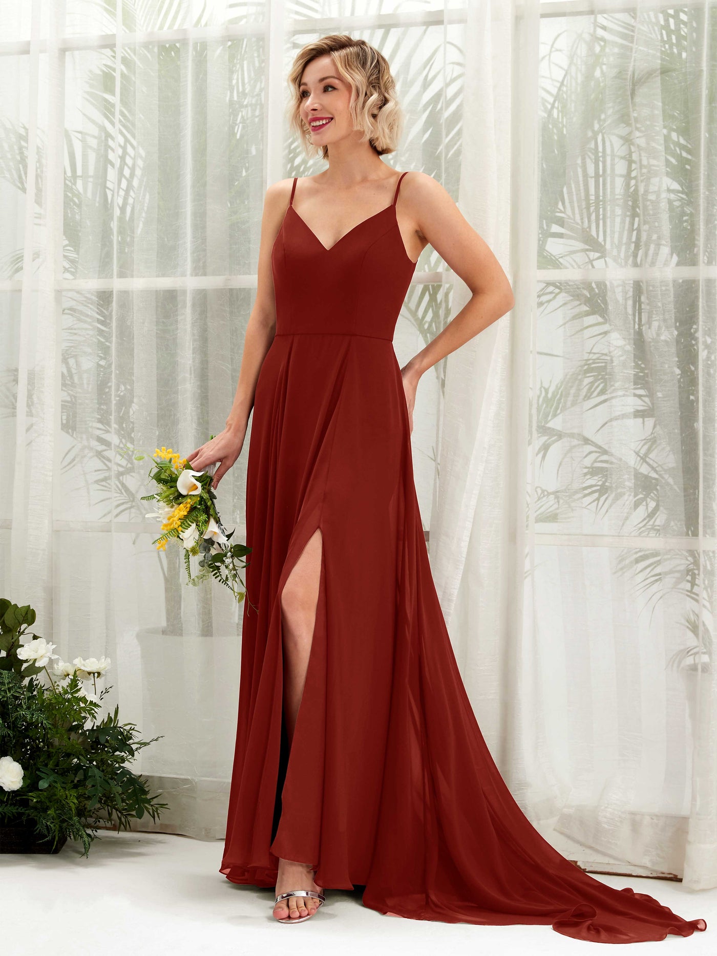 Carlyna Robe trapèze col V longueur ras du sol mousseline demoiselle d'honneur Rouille #couleur_rouille