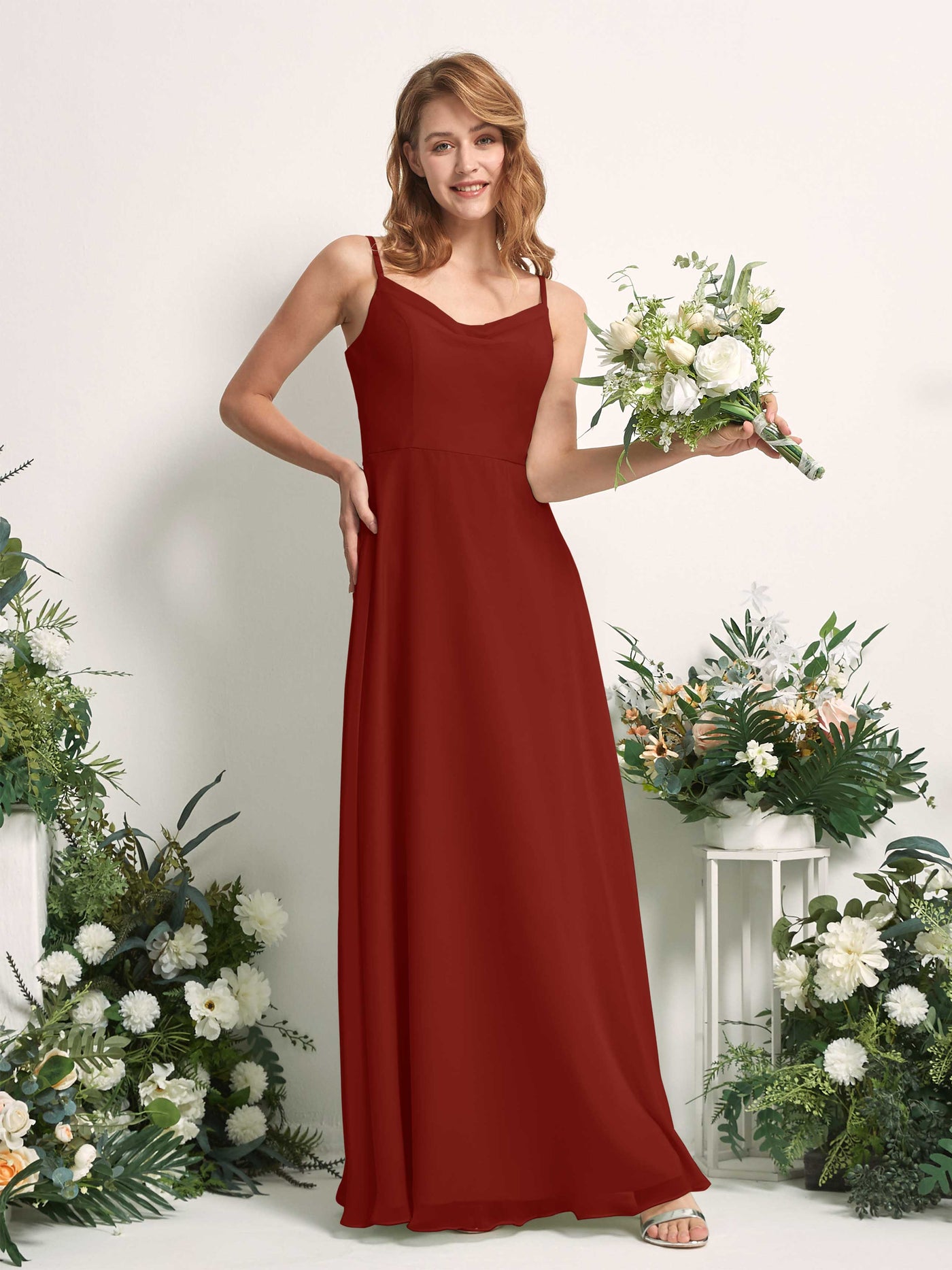 Carlyna Robe trapèze col V longueur ras du sol mousseline demoiselle d'honneur Rouille #couleur_rouille