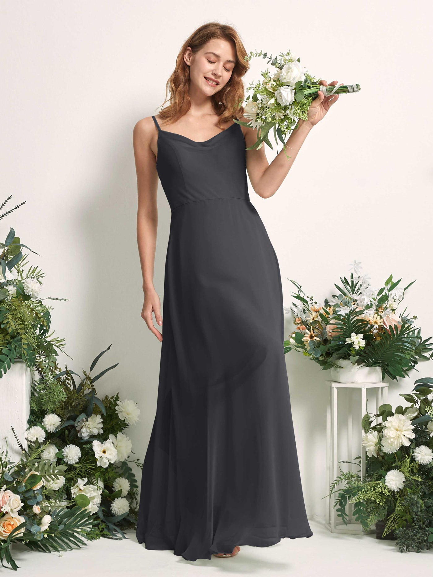 Carlyna Robe trapèze col V longueur ras du sol mousseline demoiselle d'honneur Étain #couleur_tain