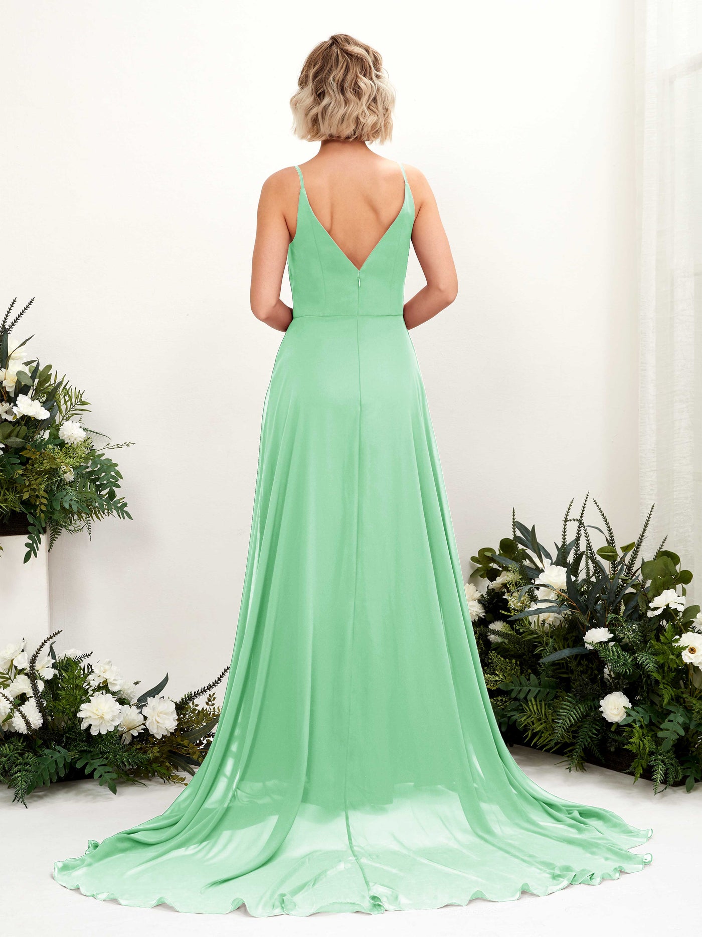 Carlyna Robe trapèze col V longueur ras du sol mousseline demoiselle d'honneur Vert Menthe #couleur_vert-menthe