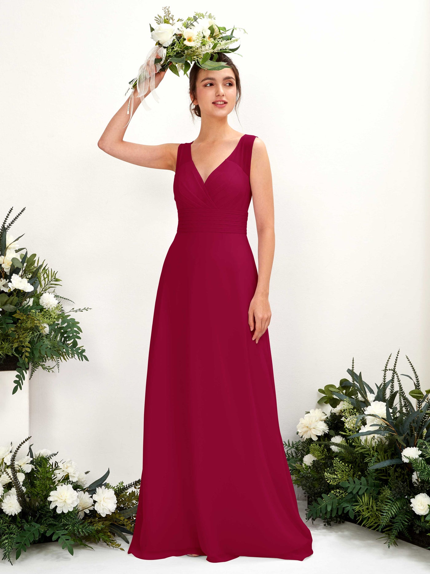Carlyna Robe trapèze col V longueur ras du sol robe de demoiselle d'honneur Rouge Bouffon #couleur_rouge-bouffon