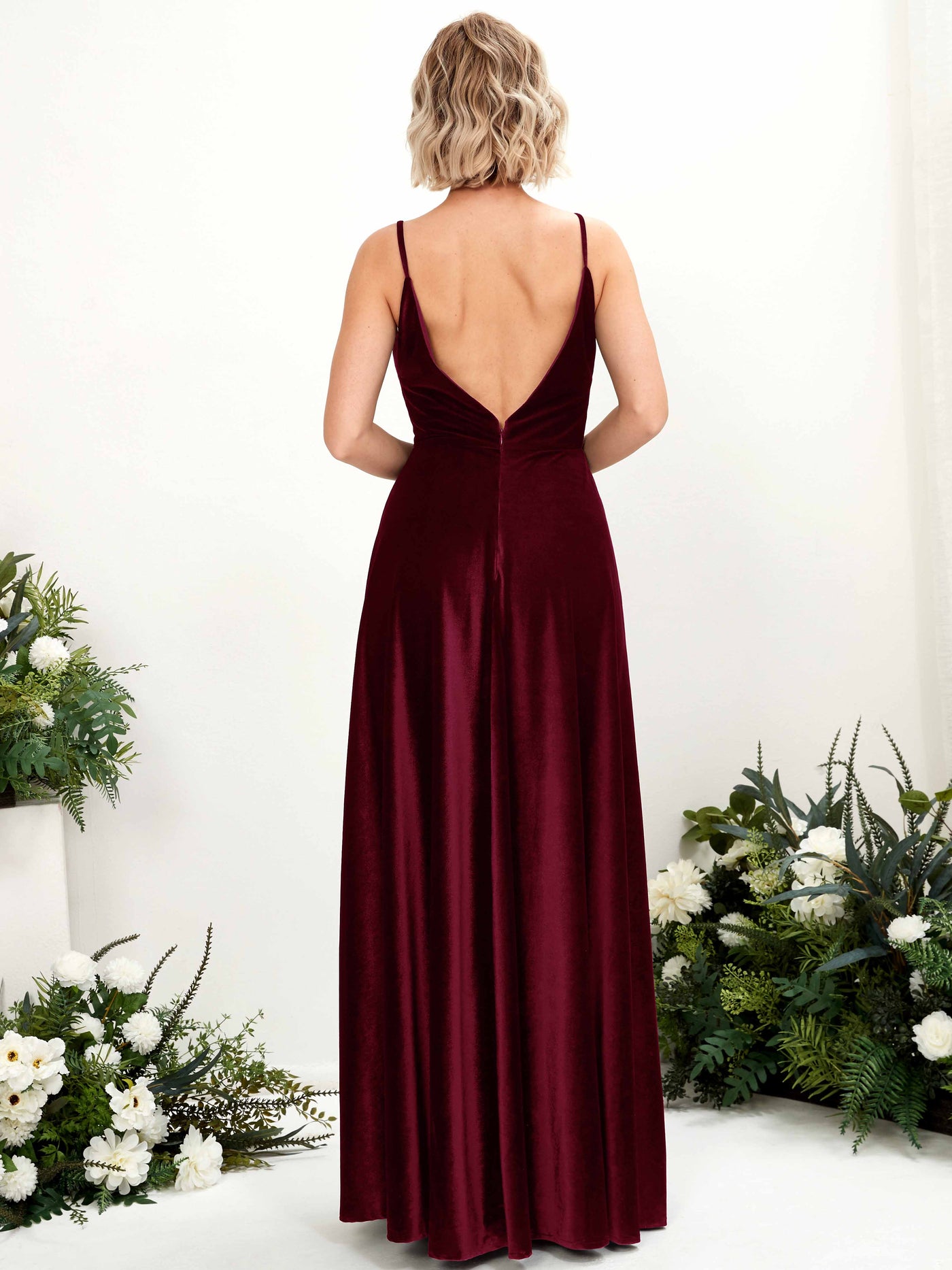 Carlyna Robe trapèze Col V Longueur ras du sol Velours Robes de demoiselle d'honneur Bordeaux #couleur_bordeaux