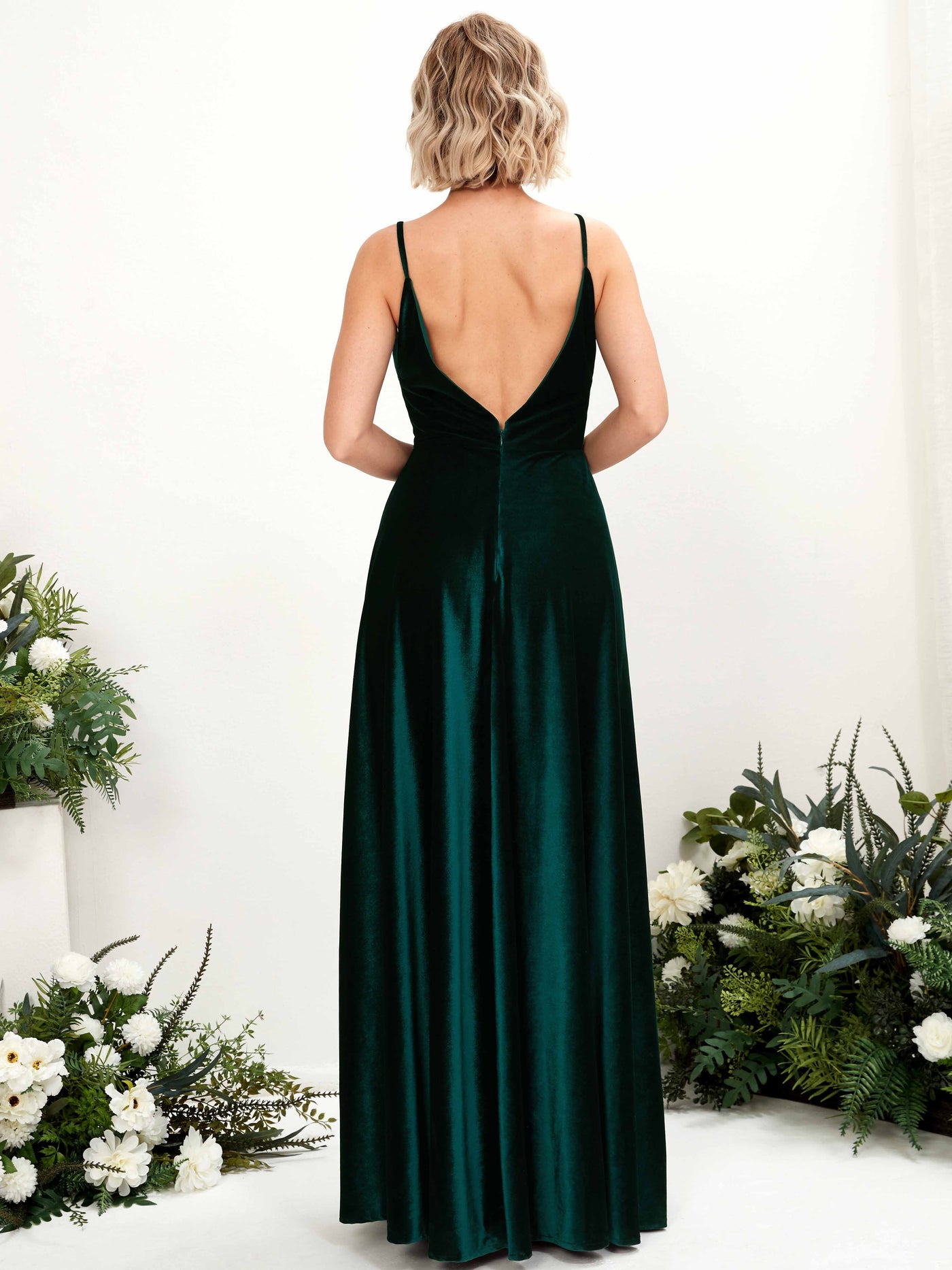 Carlyna Robe trapèze Col V Longueur ras du sol Velours Robes de demoiselle d'honneur Vert Chasseur #couleur_vert-chasseur
