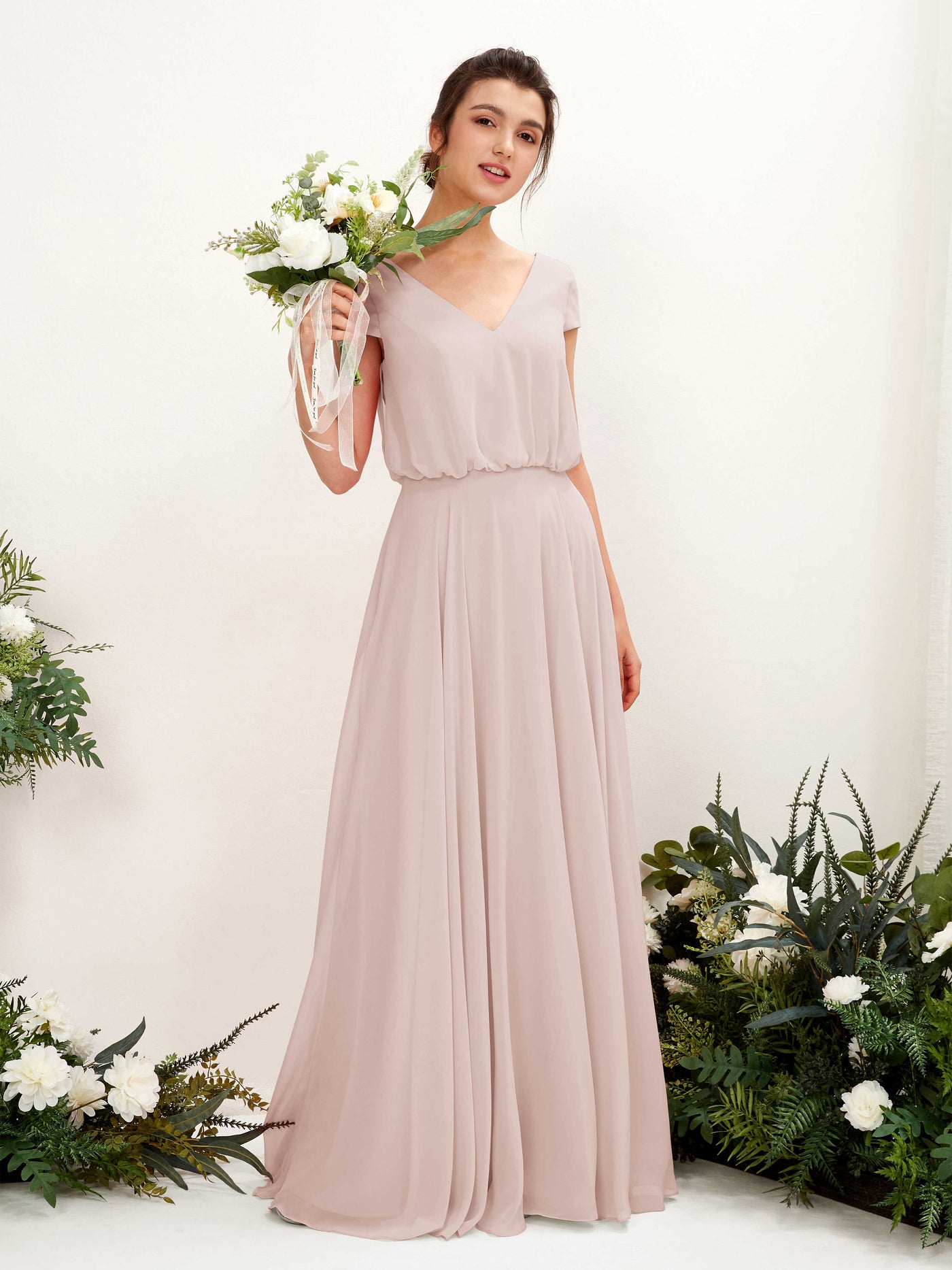 Carlyna Robe trapèze col V mancherons longueur ras du sol demoiselle d'honneur Biscotti #couleur_biscotti