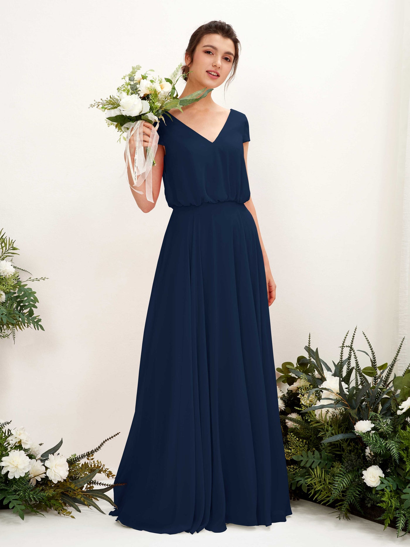 Carlyna Robe trapèze col V mancherons longueur ras du sol demoiselle d'honneur Bleu Marine #couleur_bleu-marine