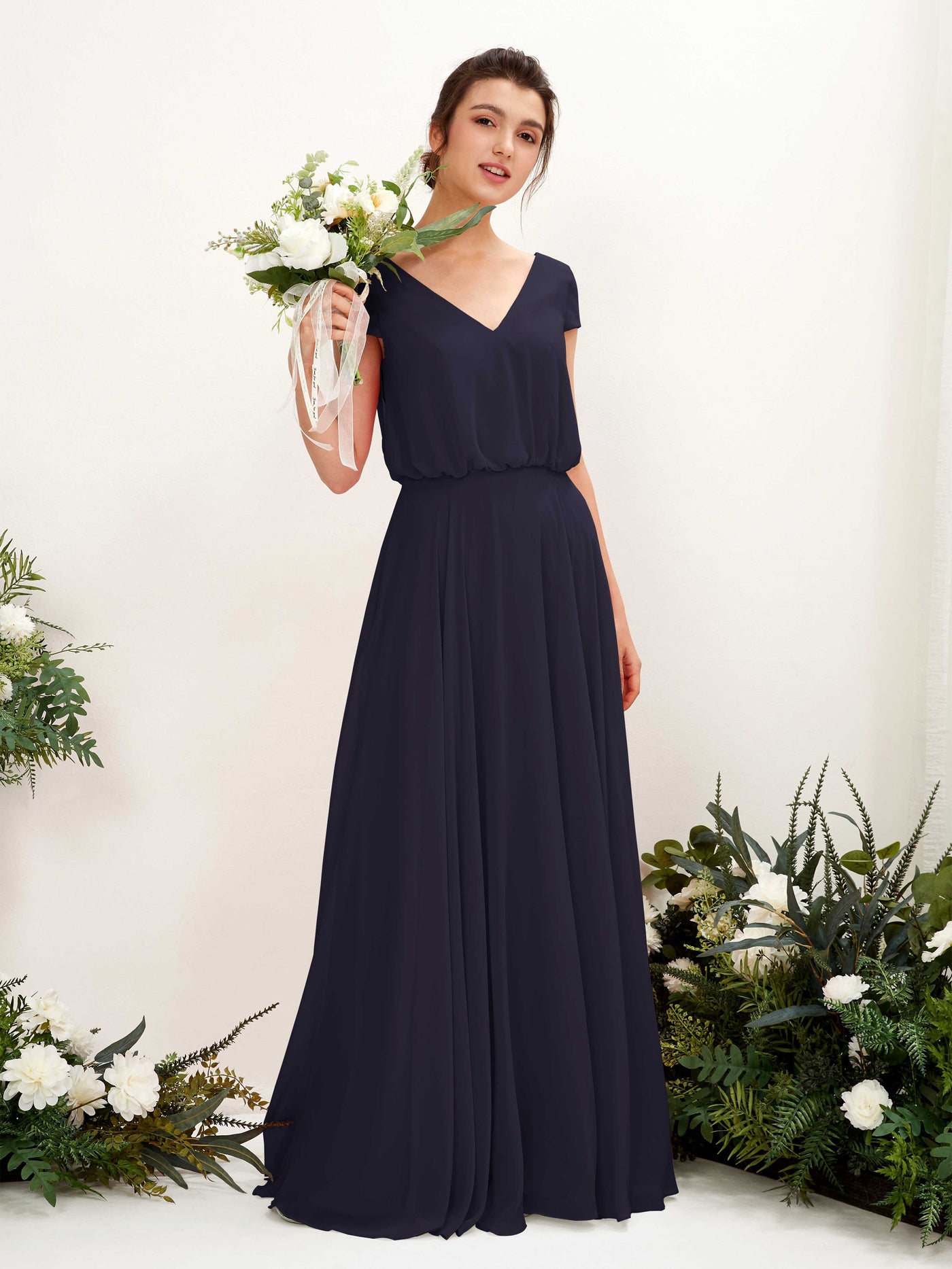 Carlyna Robe trapèze col V mancherons longueur ras du sol demoiselle d'honneur Bleu Marine Foncé #couleur_bleu-marine-fonc