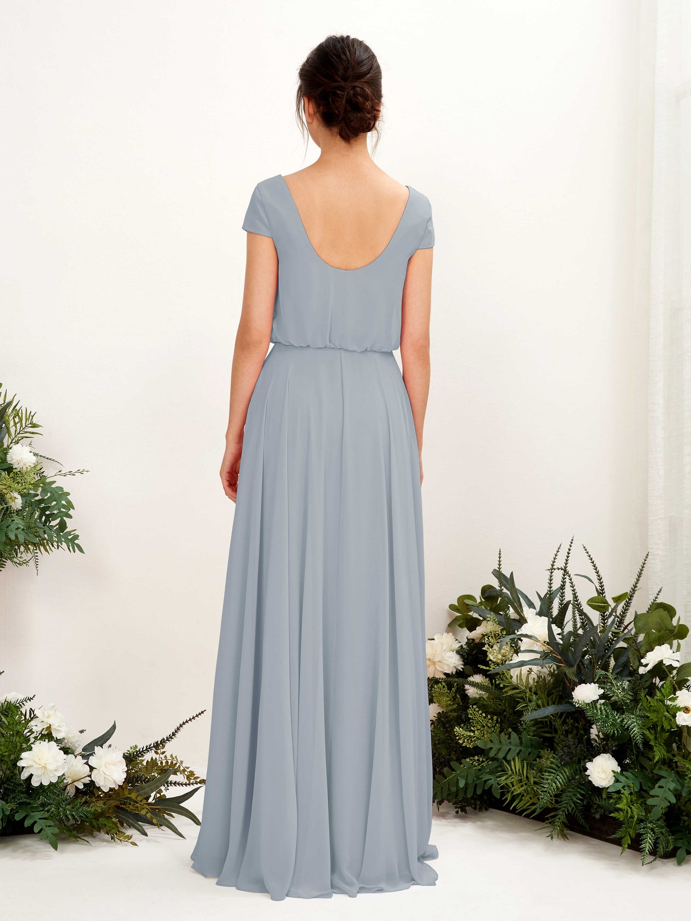 Carlyna Robe trapèze col V mancherons longueur ras du sol demoiselle d'honneur Bleu Poussiéreux Amélioré #couleur_bleu-poussi-reux-am-lior