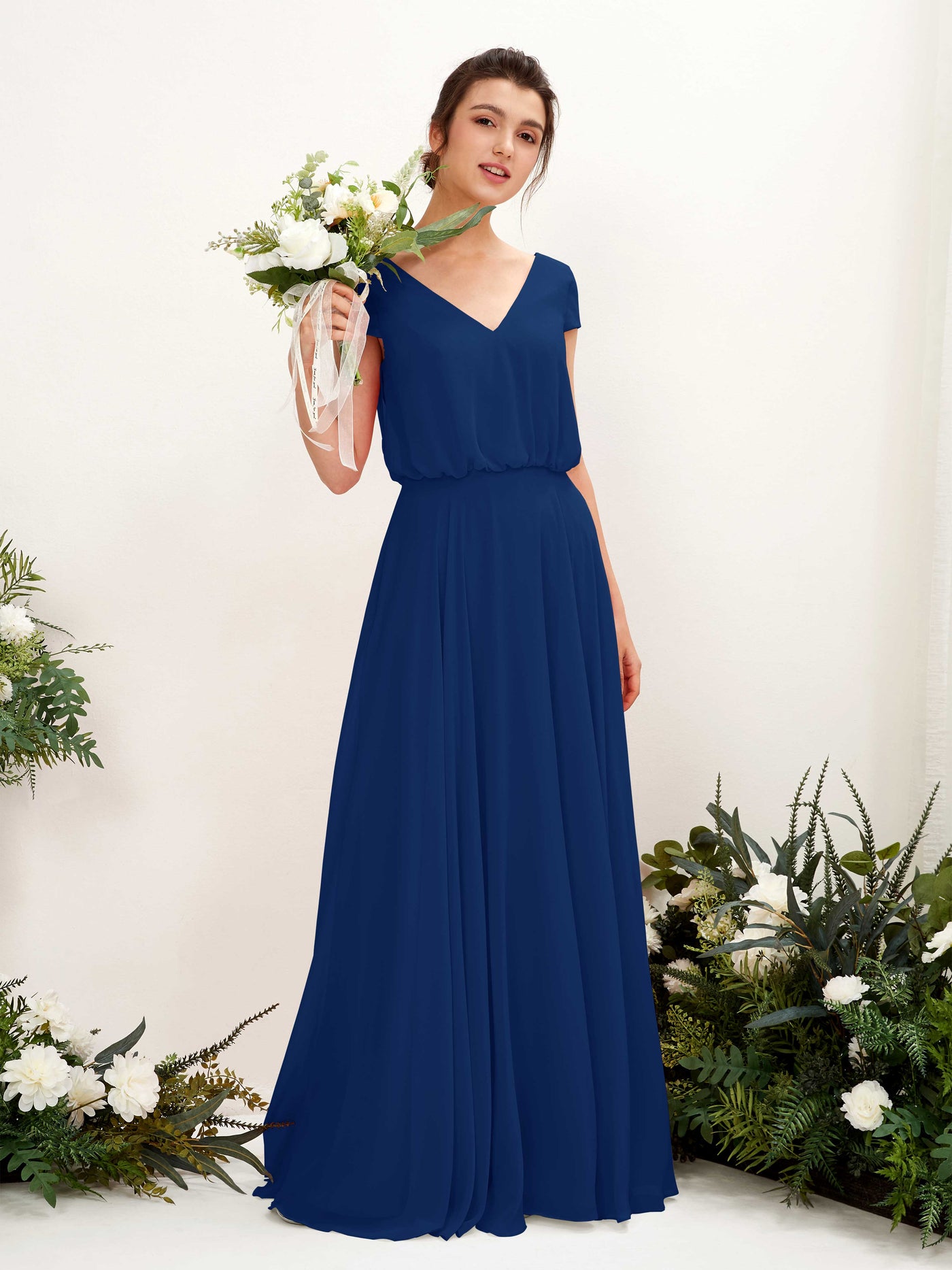 Carlyna Robe trapèze col V mancherons longueur ras du sol demoiselle d'honneur Bleu Roi #couleur_bleu-roi