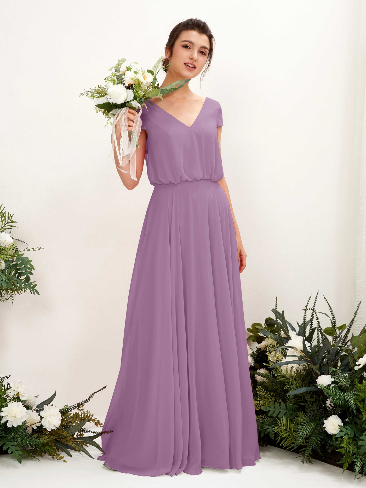 Carlyna Robe trapèze col V mancherons longueur ras du sol demoiselle d'honneur Brume Orchidée #couleur_brume-orchid-e